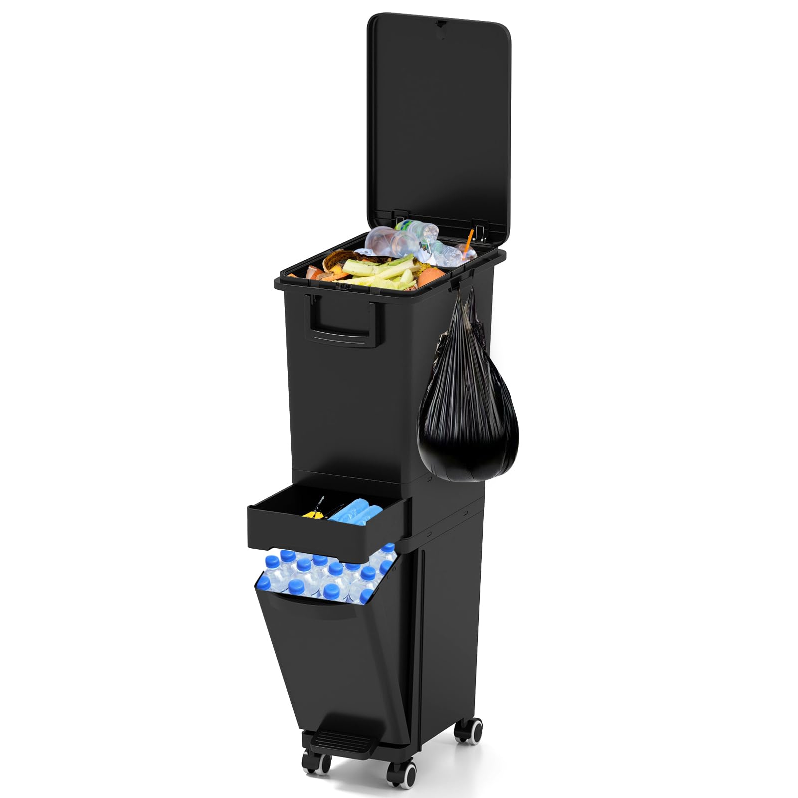 Image of 3-in- Trash Can On Wheels, 32l Recycling Bin With Lid, Storage Drawer, And Pedal For Kitchen & Bathroom
