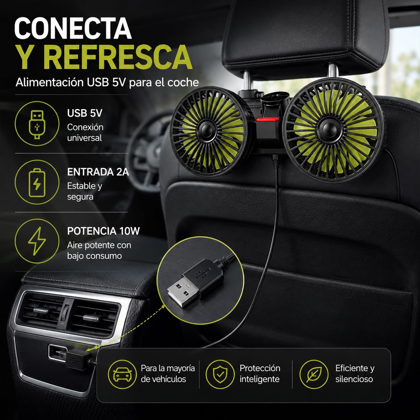 TEMU Ventilador para RV con rotación de y viento fuerte de 3 velocidades, adecuado para asientos traseros y reposacabezas, enchufe USB, versátil, sin