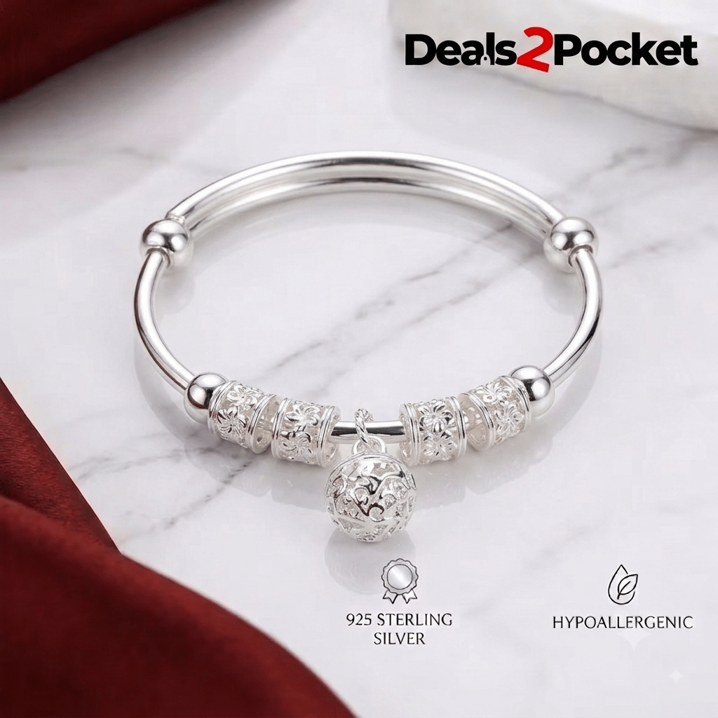 TEMU 925 Sterling Silver Adjustable Beaded Bangle – Elegant Charm Bracelet For Women