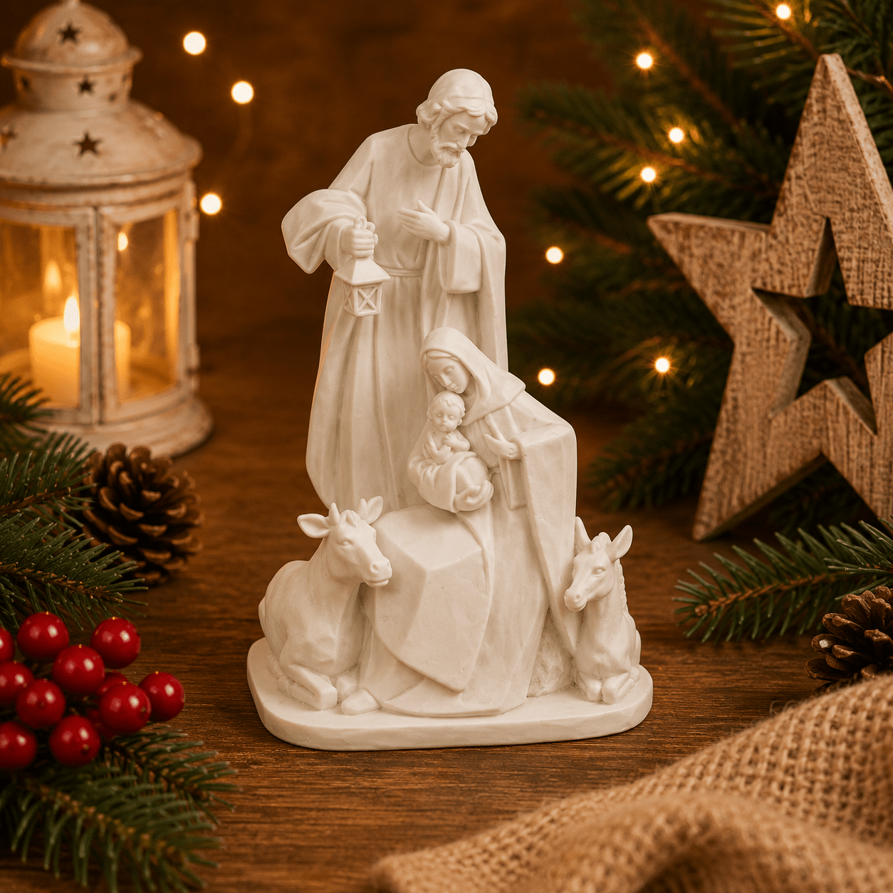 TEMU Nacimiento de Navidad en Cerámica Blanca – Figura de con San José, Virgen María y Niño Jesús, y Burro, Religioso con Farol para Decoración de