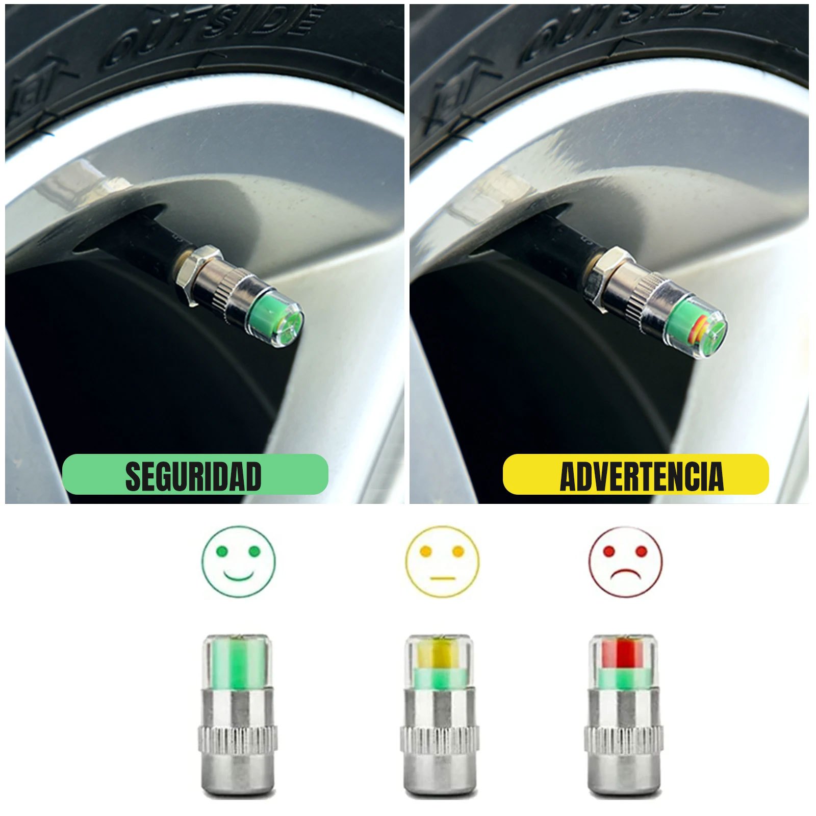 TEMU 4 Tapones Indicadores de Presión para Neumáticos, Monitor Visual de sin Batería, Tapones Antipolvo para Válvula de Coche, Moto y Bicicleta