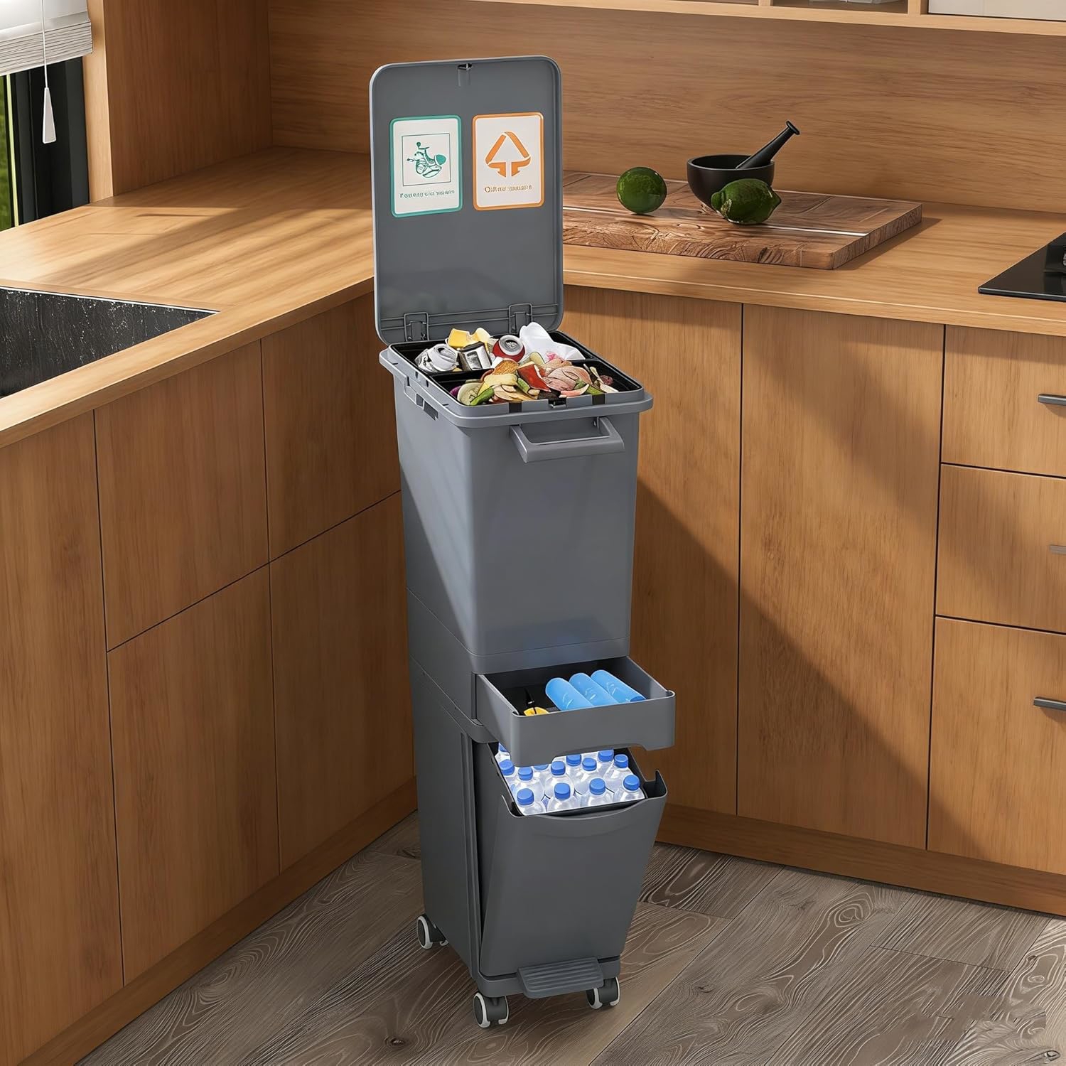 3-in- Trash Can On Wheels, 32l Recycling Bin With Lid, Storage Drawer, And Pedal For Kitchen & Bathroom