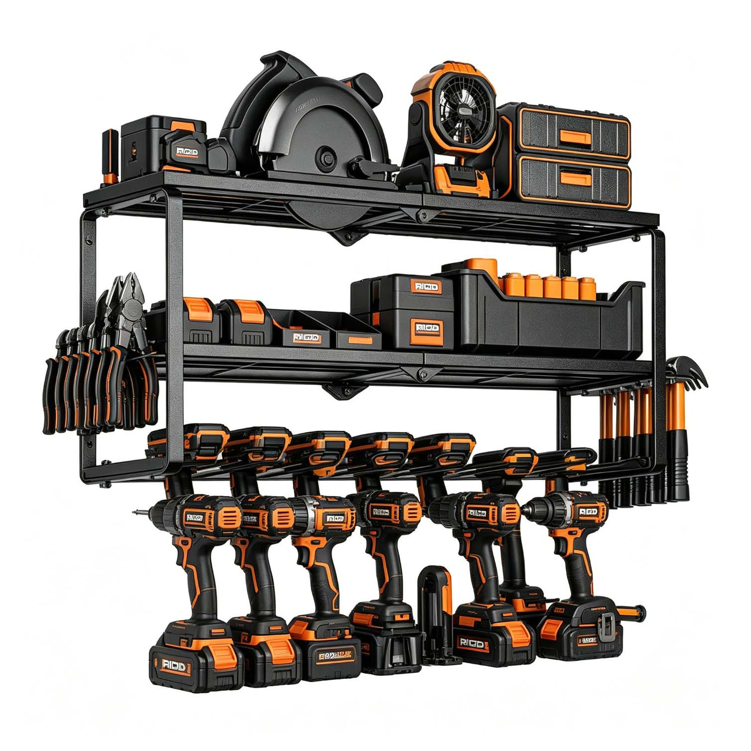 Image of 4-tier Wall Mounted Tool Storage Rack, Heavy Duty Metal Garage Organizer With 7 Drill Holders, Screwdriver & Pliers Slots, , Utility Shelves, Black