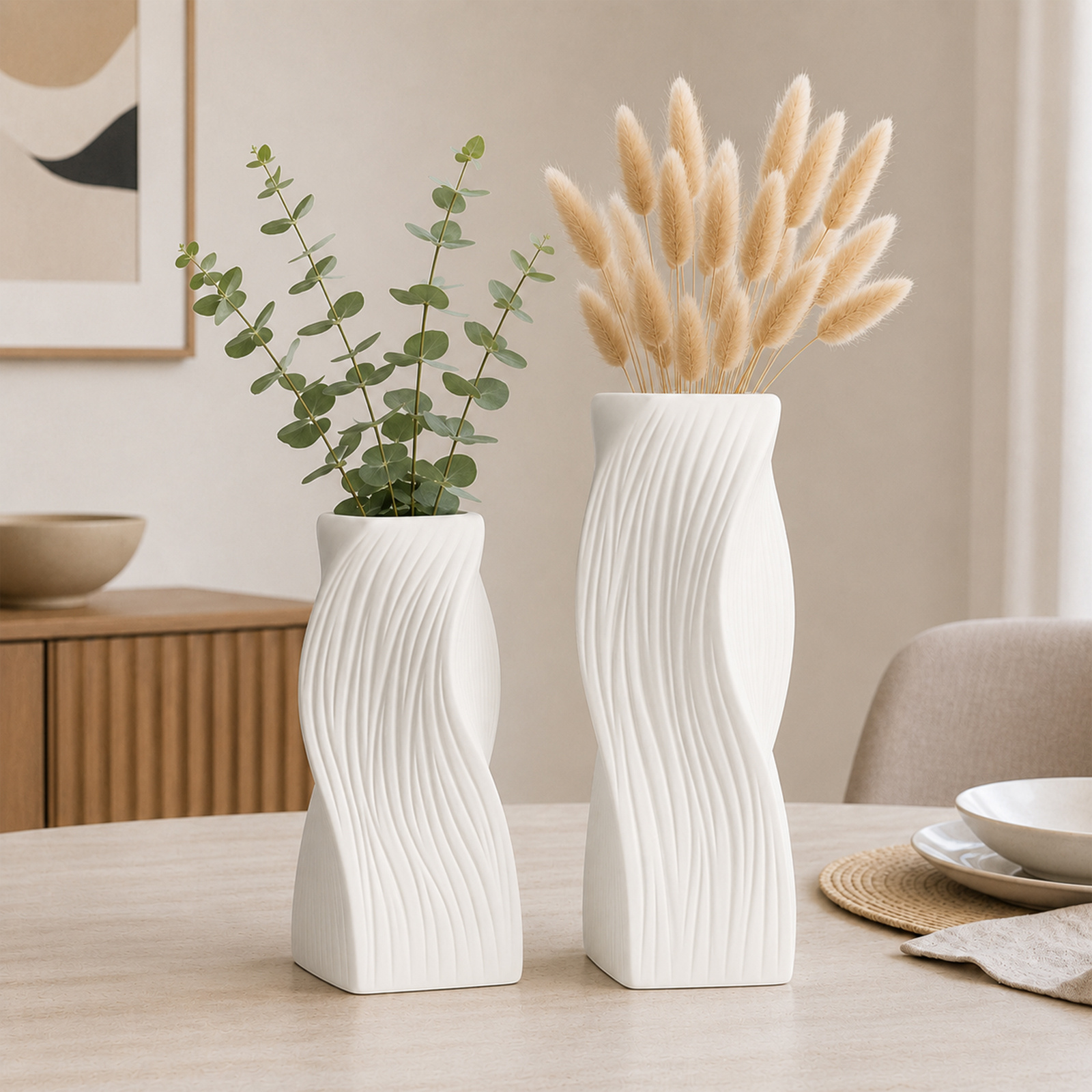TEMU 2pcs Modern Vase Set, Minimalist Rectangular Vases With Wavy, Vase Suitable For Nordic Boho Wedding, Housewarming, Shelf & Desk Decor, Bohemian