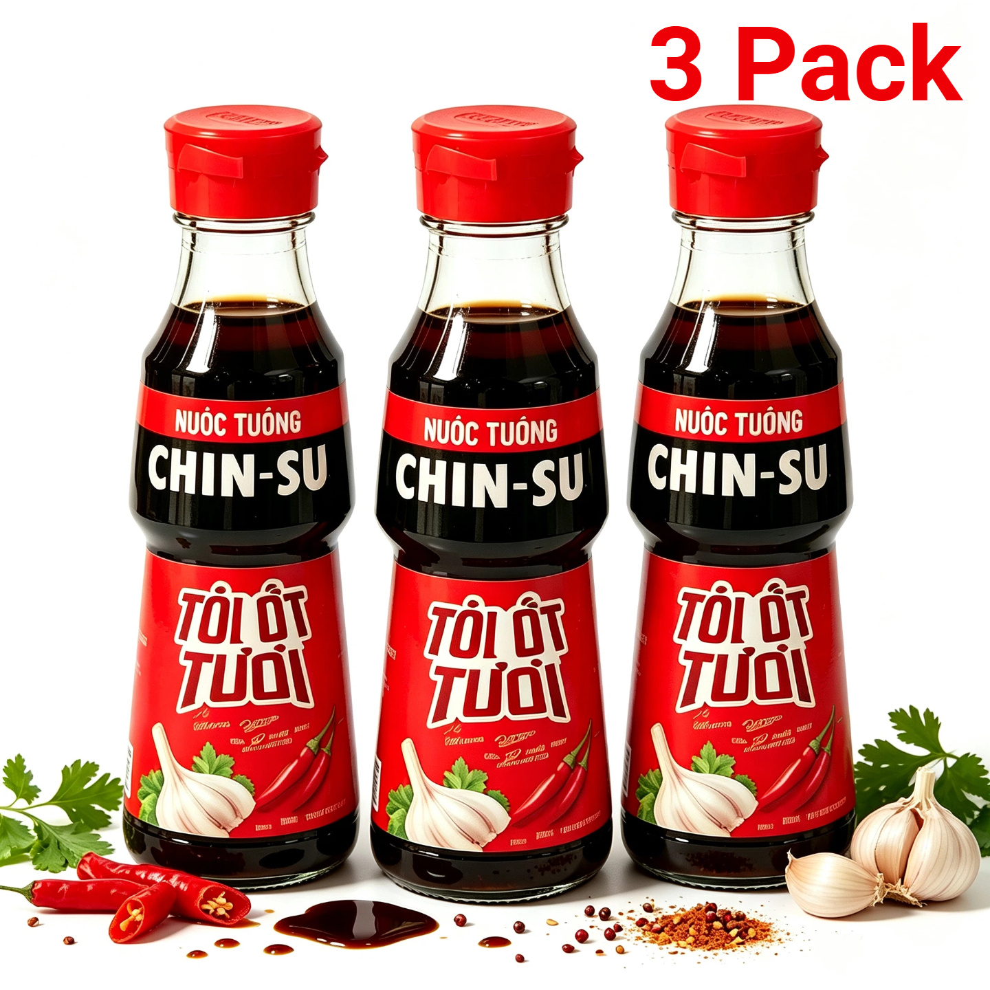 Image of 3 Packs Chin-su Garlic Chili Soy Sauce 3×330ml, Spicy Seasoning Sauce For Dipping, Roasting, Marinating, Asian Cuisine Ingredient.