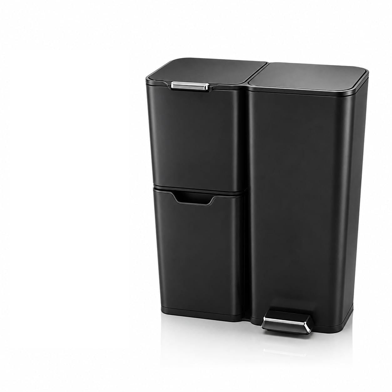 TEMU Poubelle 60L Argent – 3 Compartiments | totale de 60L avec 3 compartiments de 30L, 17L et 13L pour un tri optimisé.