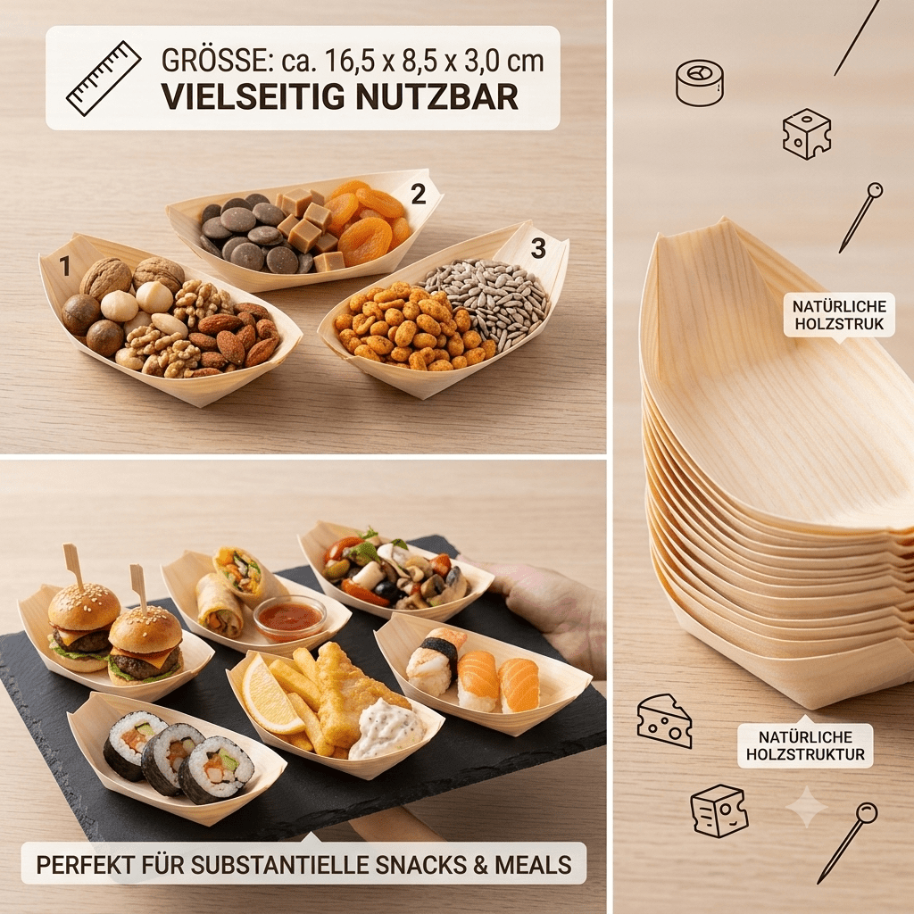 Image of 100x Wooden Boat 16.5 X 8.5 Cm - Disposable Serving Shells For Catering, Buffet & Party