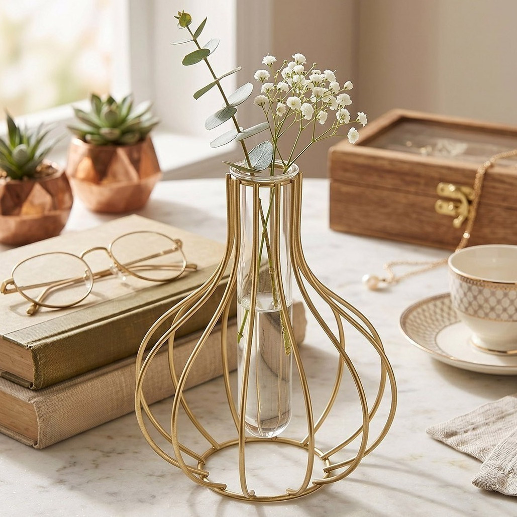 Iron Wire Hydroponic Floral Vases with Acrylic Tube