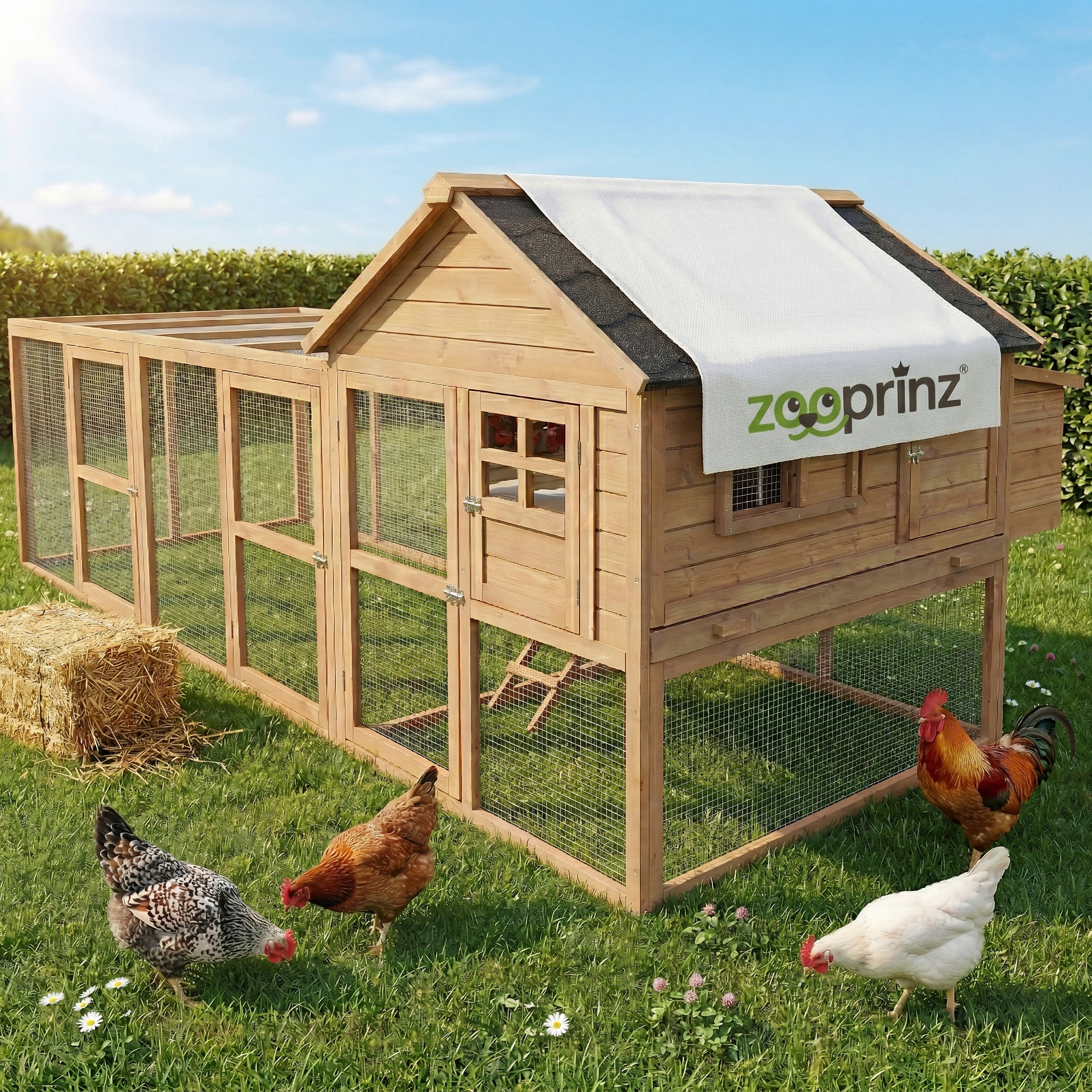 Image of Xxl Winter-proof Outdoor Chicken Coop 300 Cm With Free-range Area – Glazed Wood Chicken House With 3 Perches, Non-slip Chicken Ladder, Side Nesting Box With Folding Roof, Large Manure Drawer, And Roof