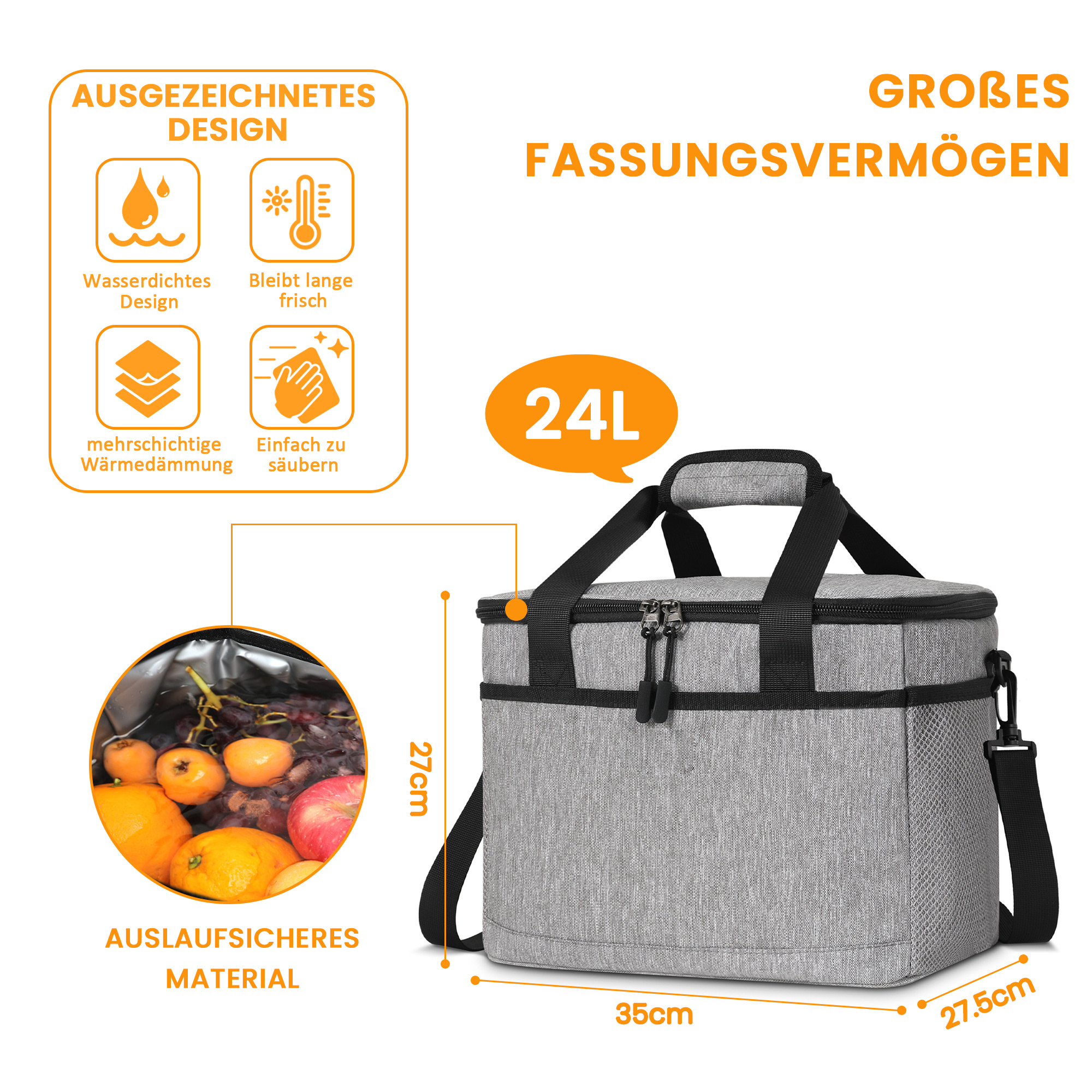 Image of Insulated Lunch Bag, Foldable Cooler Bag With Zipper, 8.5l/15l/24l, With Large Capacity, Leak-proof & Insulated, For Work, School And Picnic, No Food Contact.