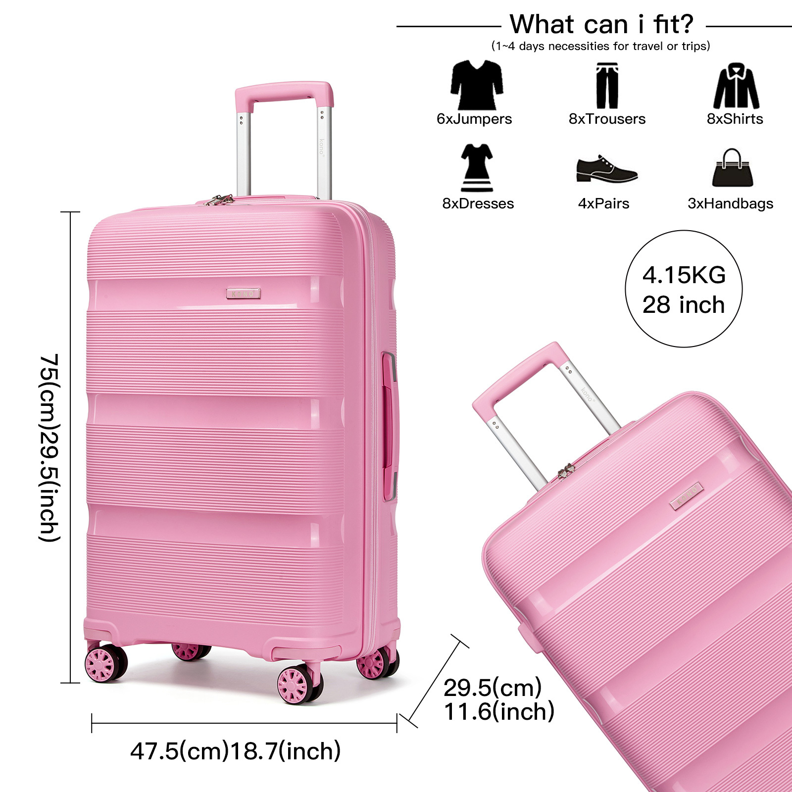 KONO 28-Inch Large Capacity Hard Shell Check-In Suitcase