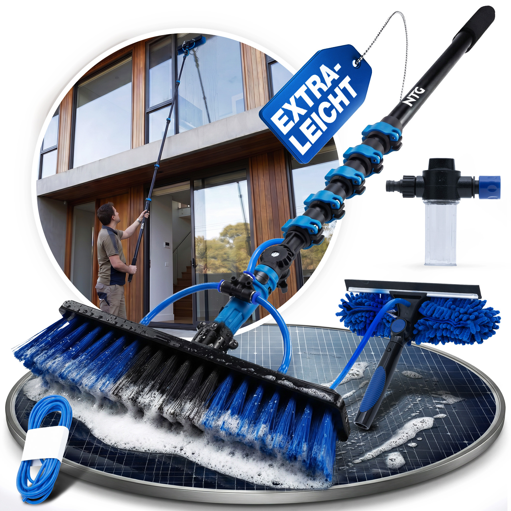 Ntg Telescope Brush 3.6 Windows, , And Solar Panels With Nozzles, Aluminum Telescope Rod, Hose, And Soap Dispenser