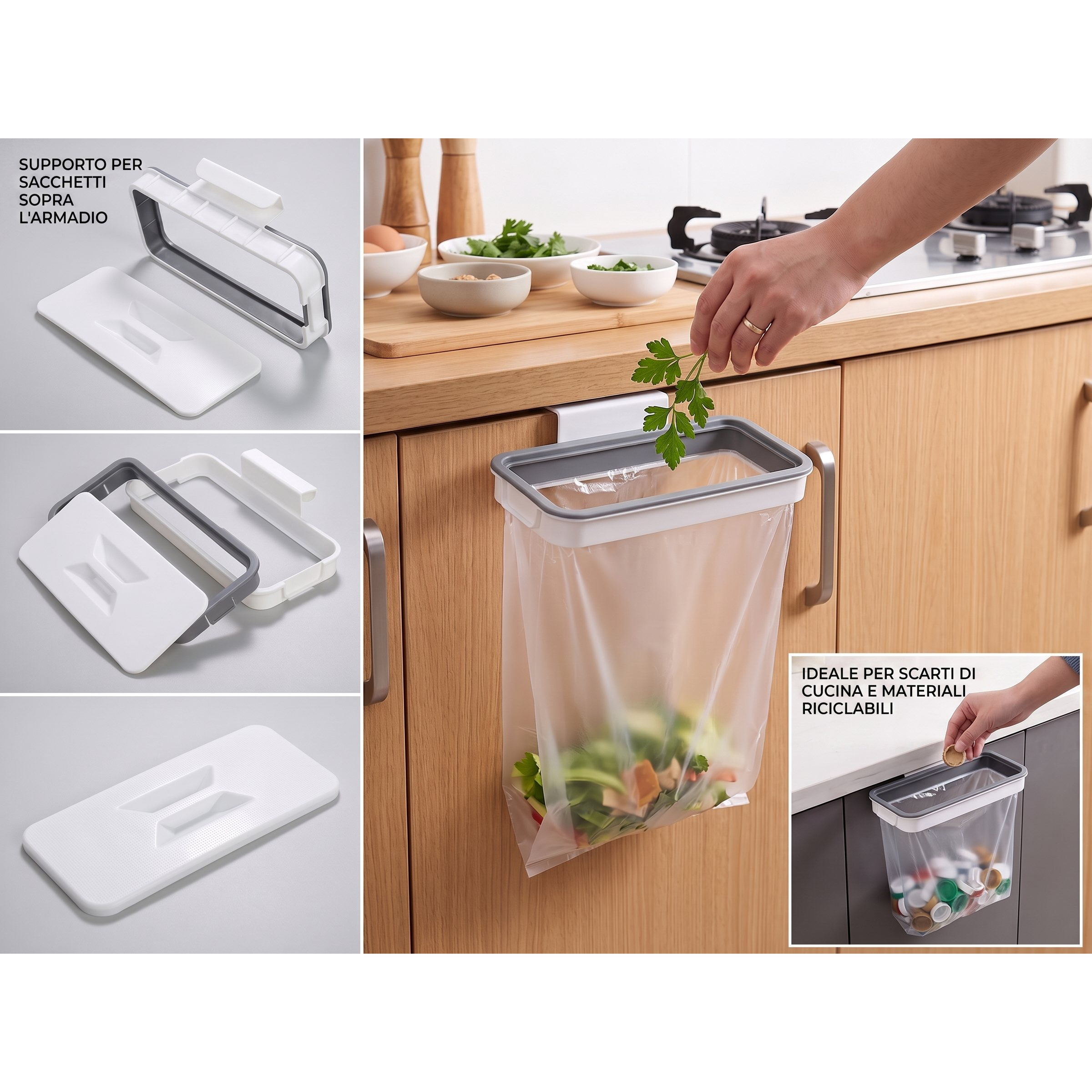 Supporto Porta Sacchetti da Cucina con, Pattumiera Salvaspazio da Appendere all’Anta, Porta Rifiuti Pieghevole Senza…: retailer-supplied image