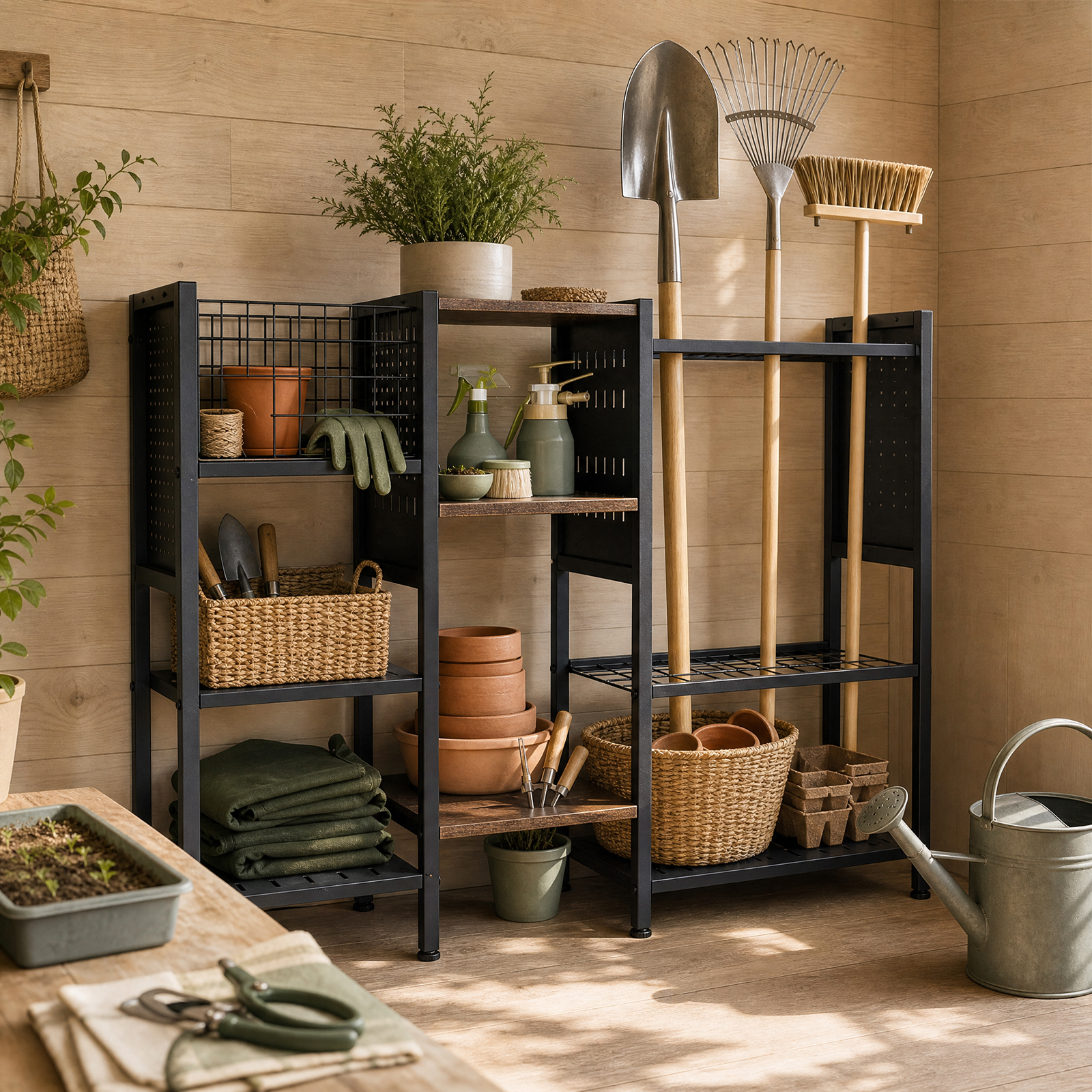 Image of Tool Rack, Garden Tool Storage Rack With 66 Slots, 5 Shelves, Metal Basket , Storage Rack With Metal Frame, Tool Organizer For Workshop