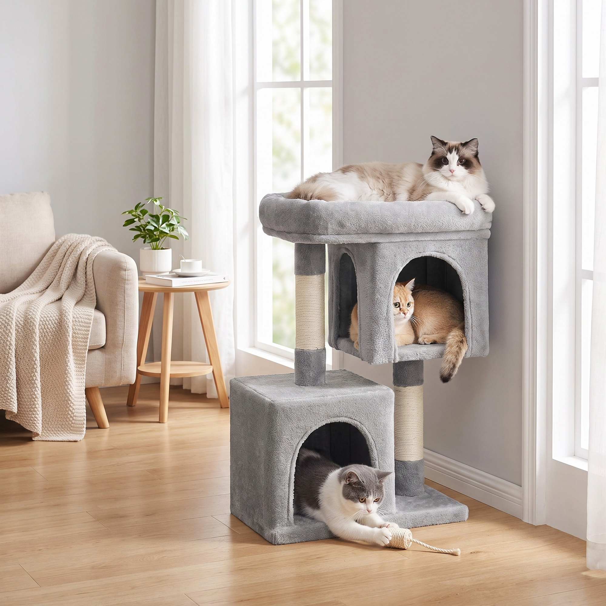 TEMU Crab Pool With Large Platforms, 2 Cat Houses And Sisal Trunks, For Cats Up To 5 Kg, Light Grey