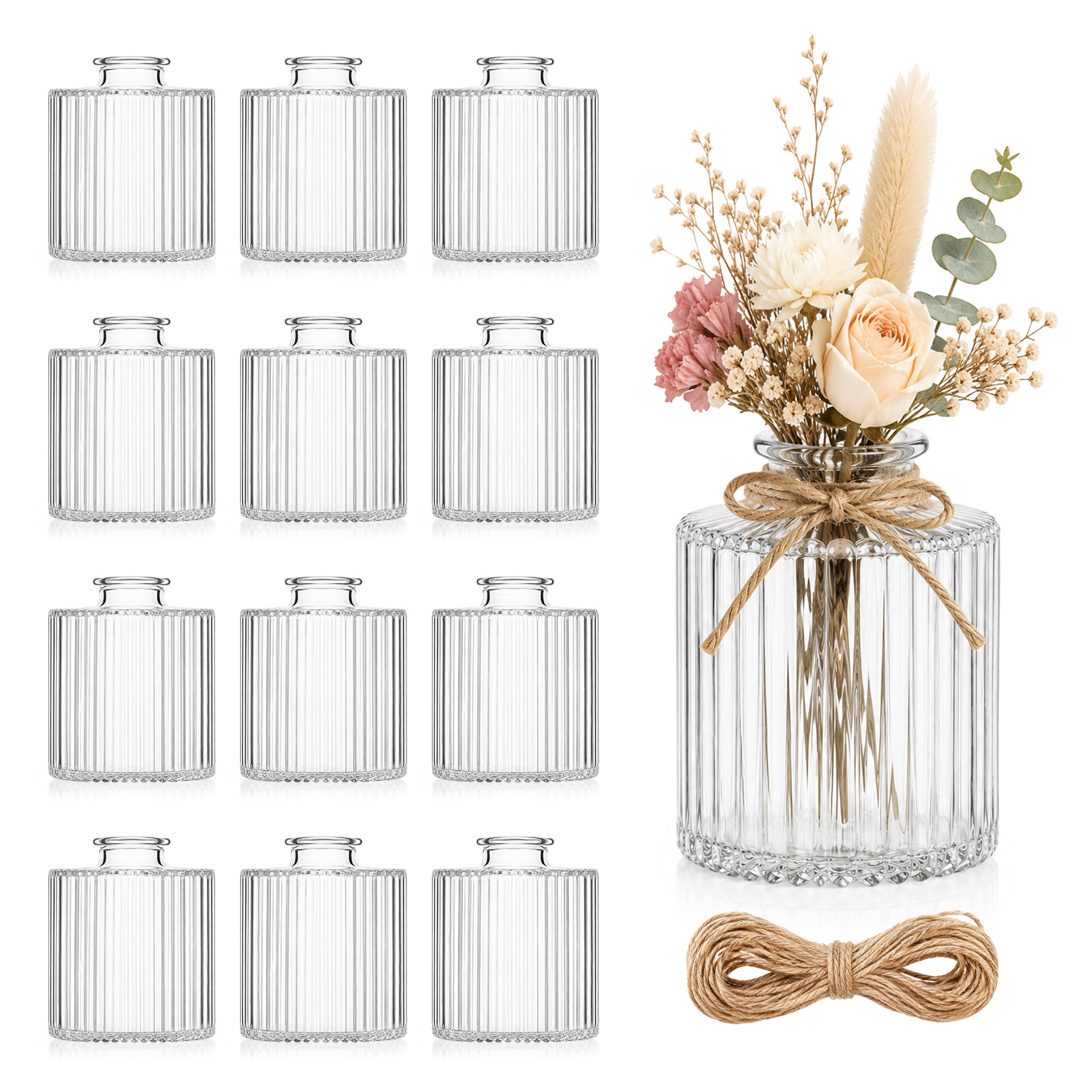 TEMU 12pcs Clear Glass Vases Compatible With Dried Flowers & Fake Flowers Elegant Table Centerpieces For Wedding, Home, Party Decor - Glass Vase