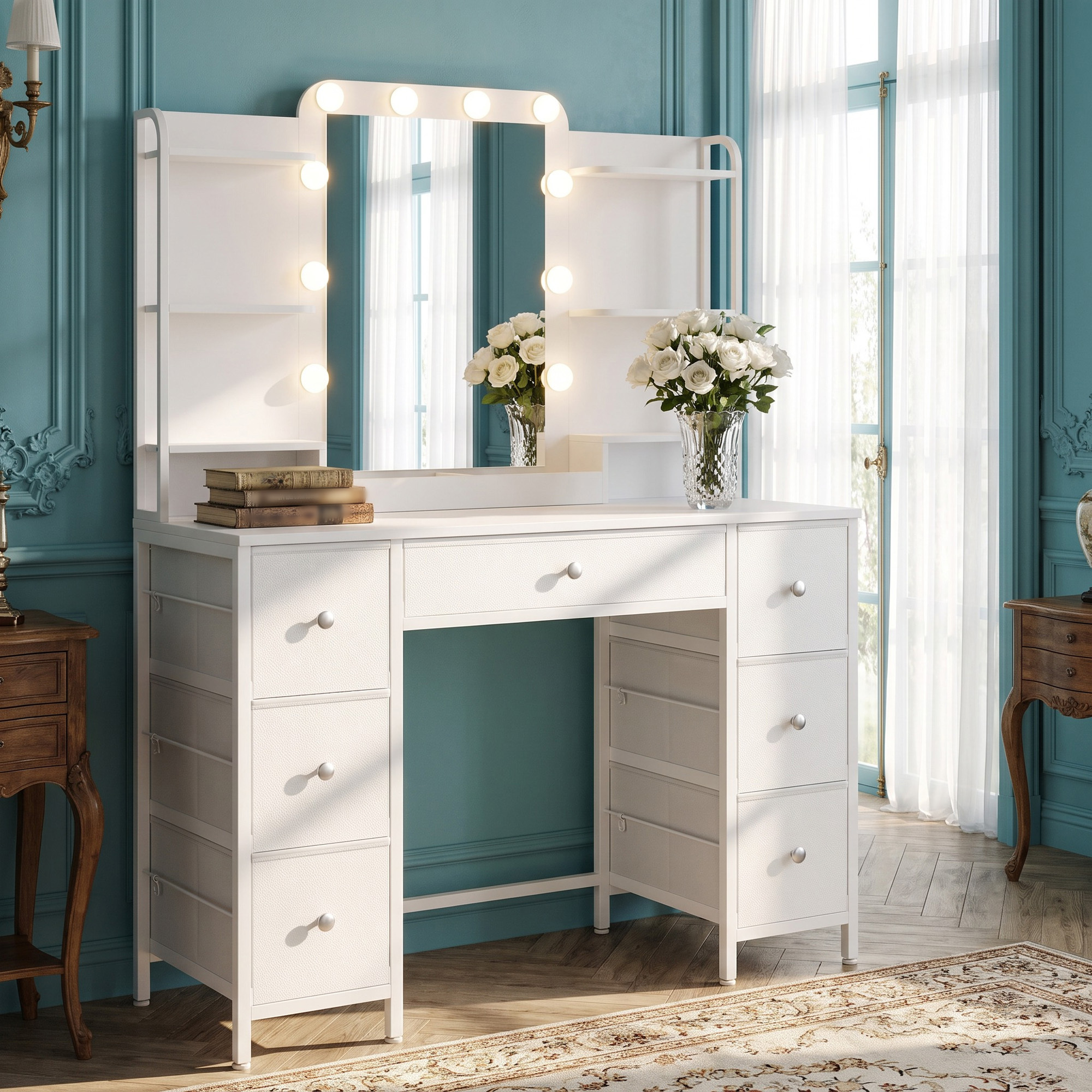 Family- Led Dressing Table, Bedroom Panoramic High-definition Makeup Mirror Table, Multi-drawer Fabric-covered…: retailer-supplied image