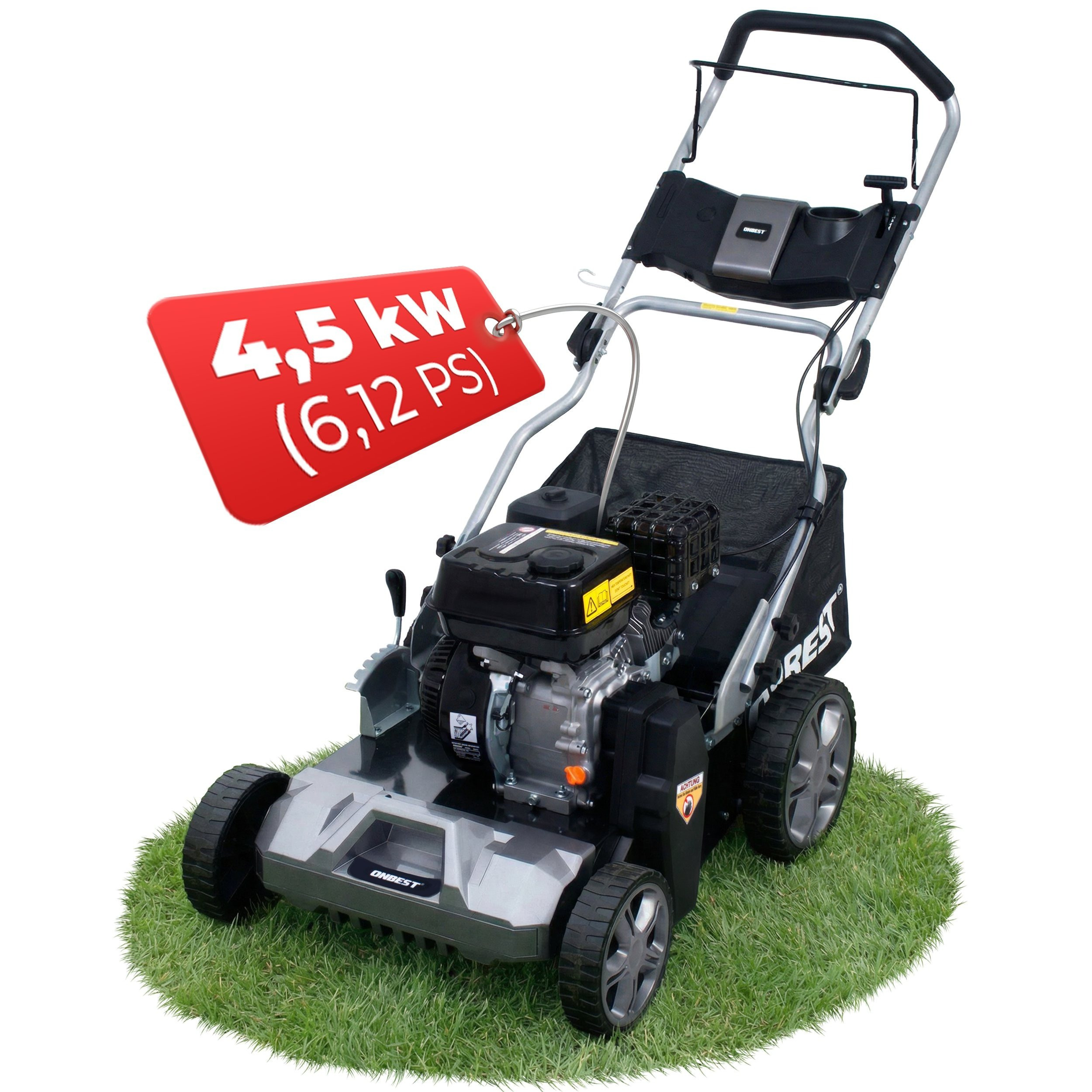Image of Petrol Lawn Scarifier Aerator With 44 Cm Working Width – 223 Cm³ 4-stroke Engine With 6.12 , Knife Roller And Spring Roller, 45 Basket, 6-fold Central Depth Adjustment, Steel Sheet Housing.