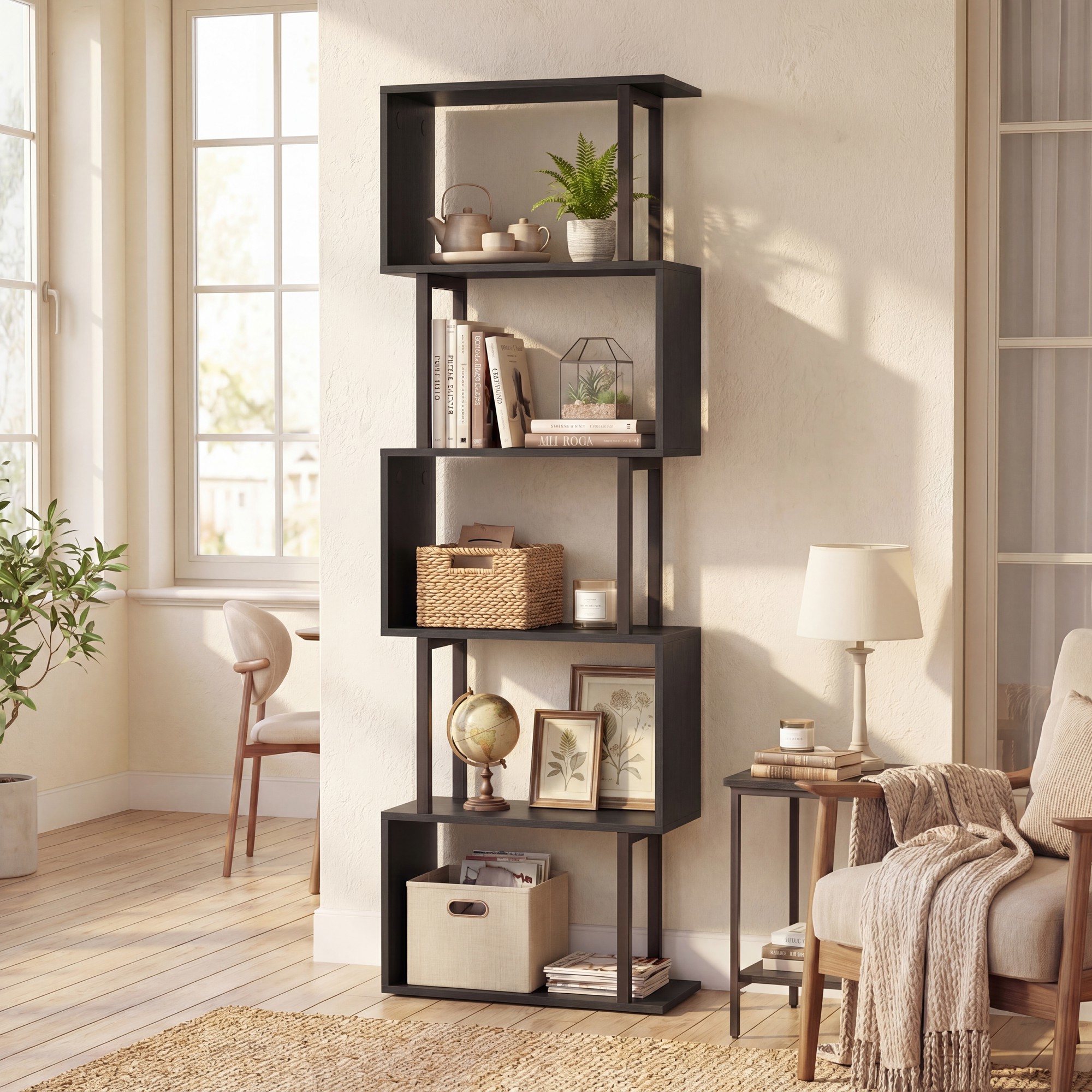 Image of 5-tier Modern Bookshelf, 147 Cm Tall Geometric Bookcase With Sturdy Metal Frame, Freestanding Open Shelving Unit, Space-saving Decorative Display Shelves For Home Office, Bedroom And Living Room