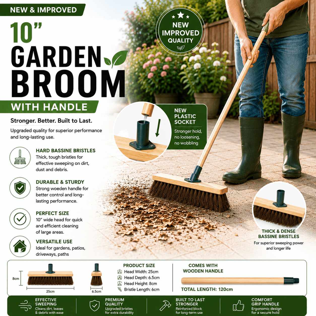 TEMU 10' Outdoor Yard Broom Stiff Bristle Sweeping Brush With Strong Wooden Handle (stick) And Support Bracket For Cleaning Patio Driveway Garden And