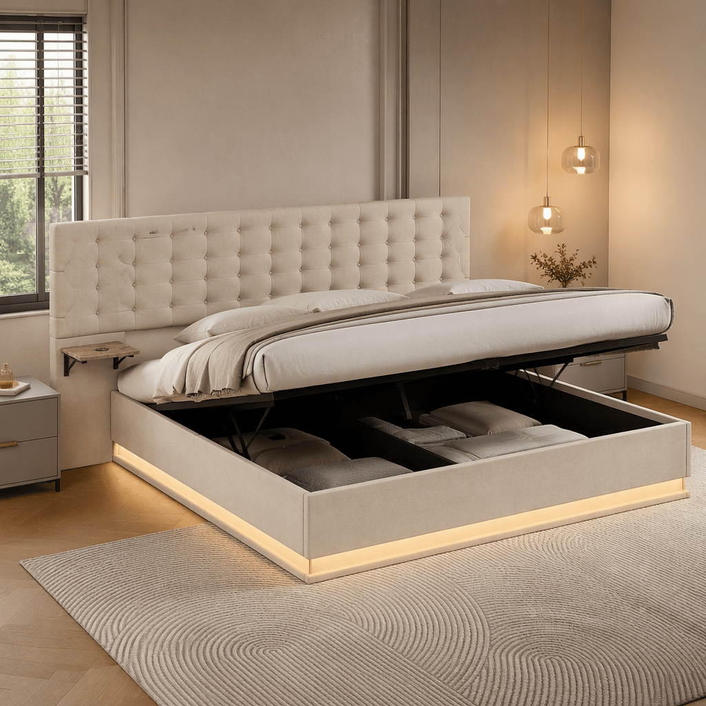 Image of Retractable Double Bed? No. 160x200 Bed With Bedside Tables, Padded Headboard, Piston Mechanism, Rgb Led Controlled Via Smartphone, Beige Linen, Without Mattress And Remote Control