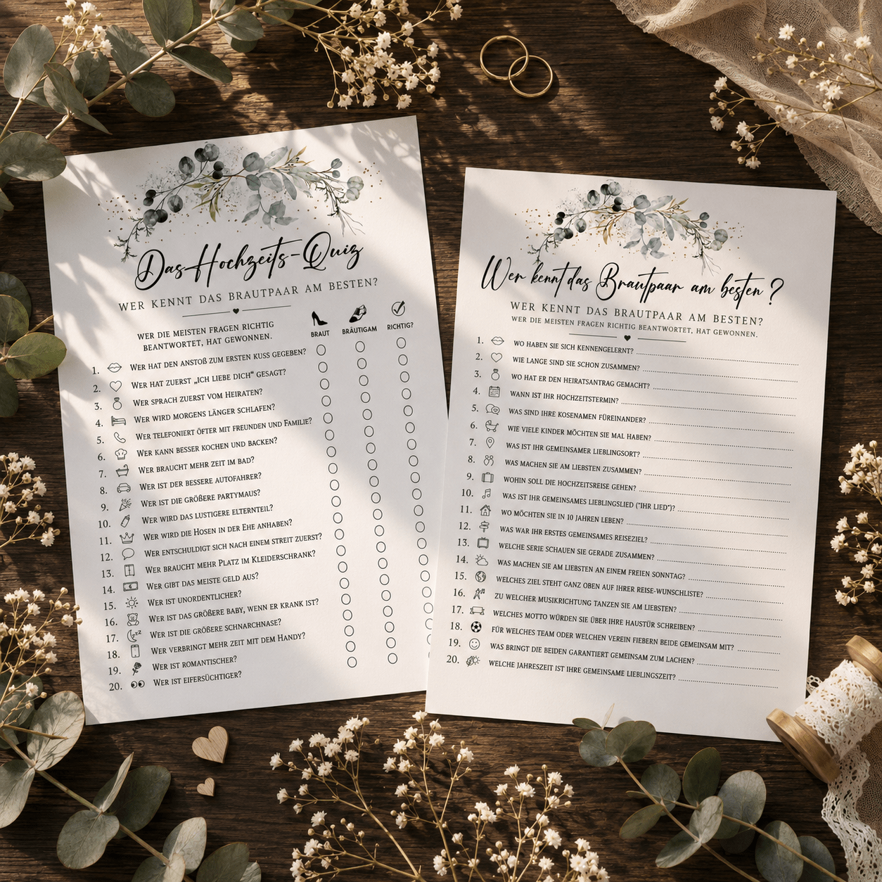 Image of 20x The Wedding Quiz Eucalyptus | Wedding Game | The Wedding | The Bride And Groom Best? | Marriage Test | Game For The Wedding | Size A5 | Brand Zuckermoment