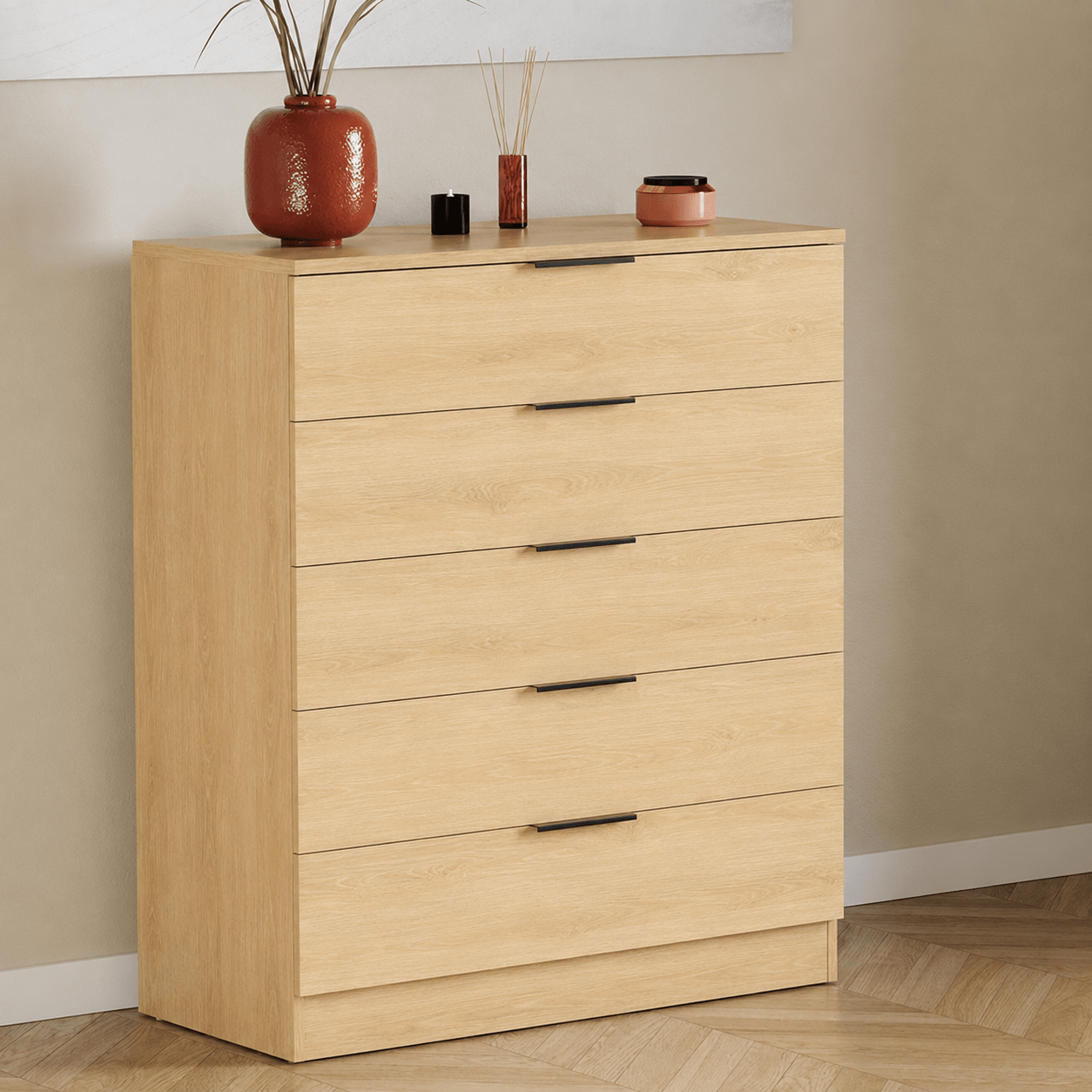 Image of Modern 5-drawer Chest Of Drawers, Freestanding Storage Cabinet With Metal Handles And Spacious Top, Tall Dresser For Bedroom, Living Room, Hallway And Office
