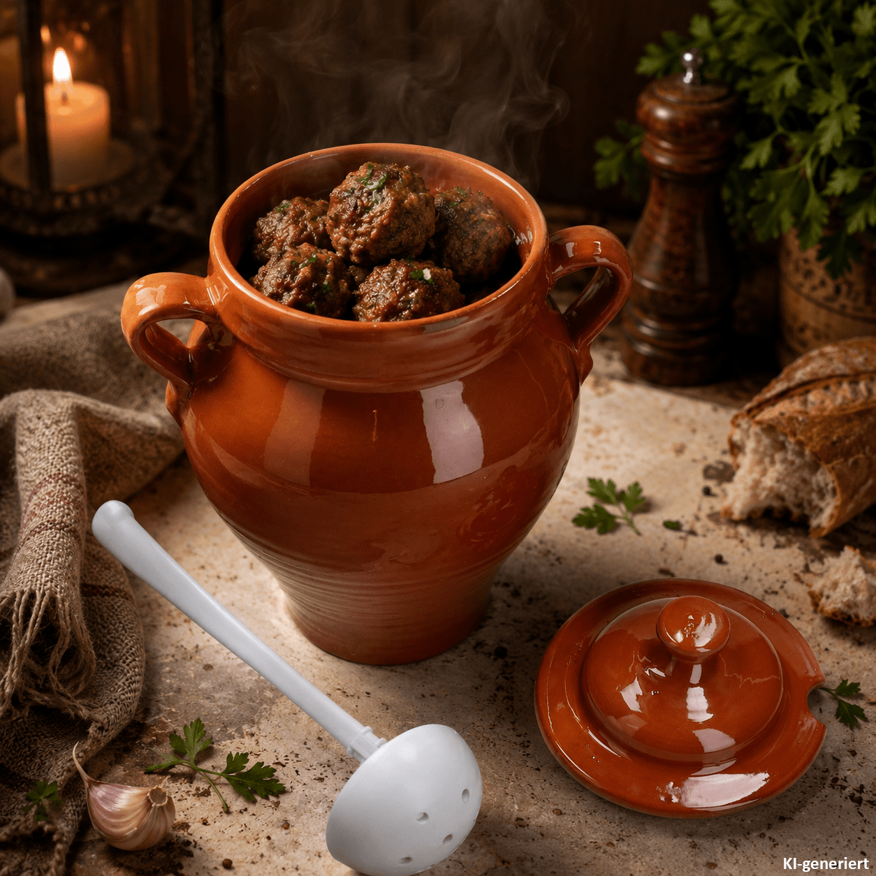 Image of Serving Container 2.5l With Lid And Scoop, Brown Glazed Clay Amphora With 2 Handles For Olives, Grape Leaves, Pastries, Snacks, And Sweets