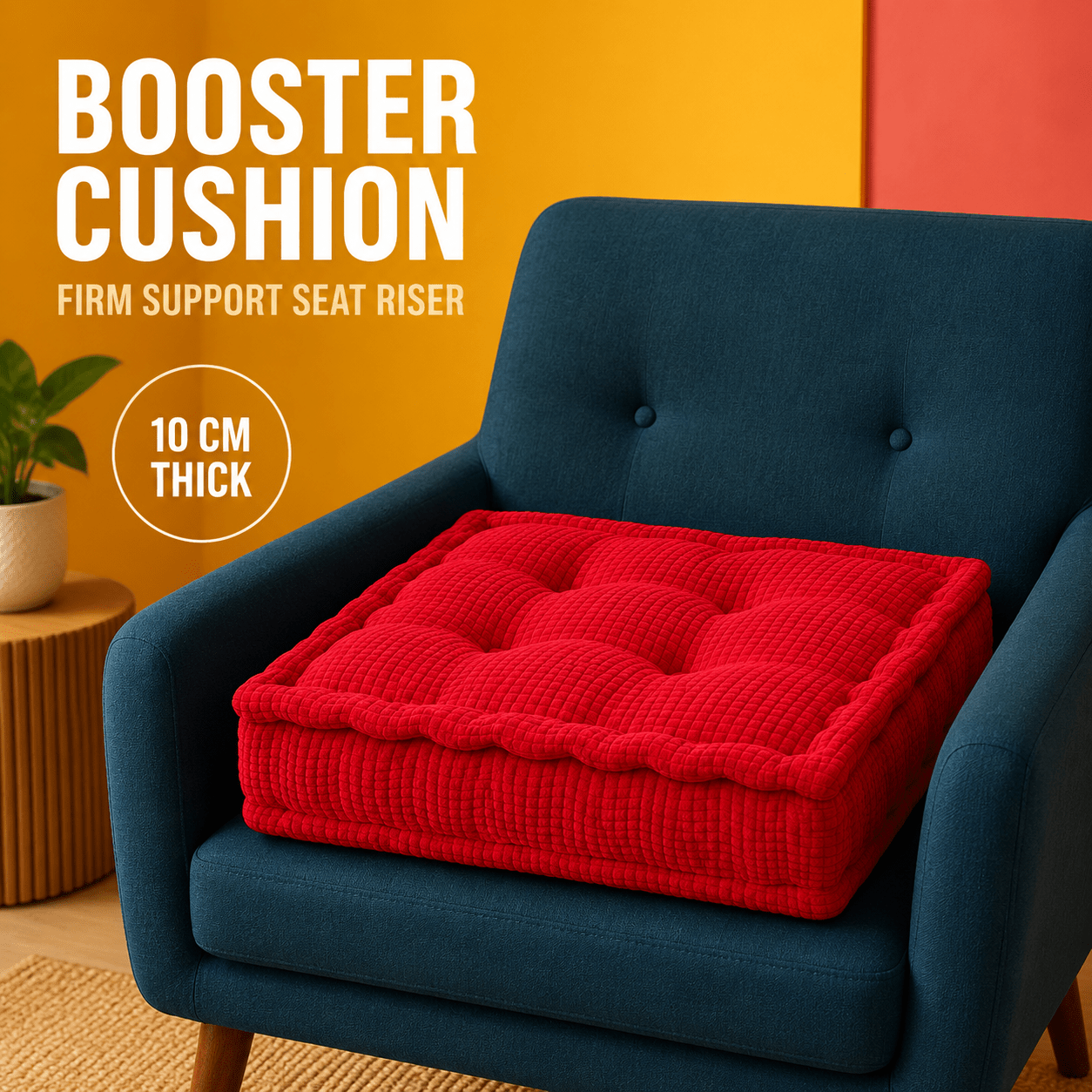 TEMU Red 10cm Thick Booster Cushion Pad – Firm Support Seat Riser For Armchair, Dining & Floor Seating – Suede Chair Cushion For Extra Height & Red