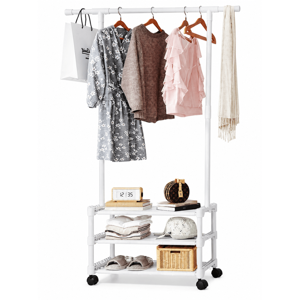 Image of Cecaro Group Coat Rack With 3 Shelves And Wheels – Space-saving Metal Garment Stand, Integrated Shoe Rack, 18 Kg Capacity, For Bedroom, Entryway, Office, And Closet – White