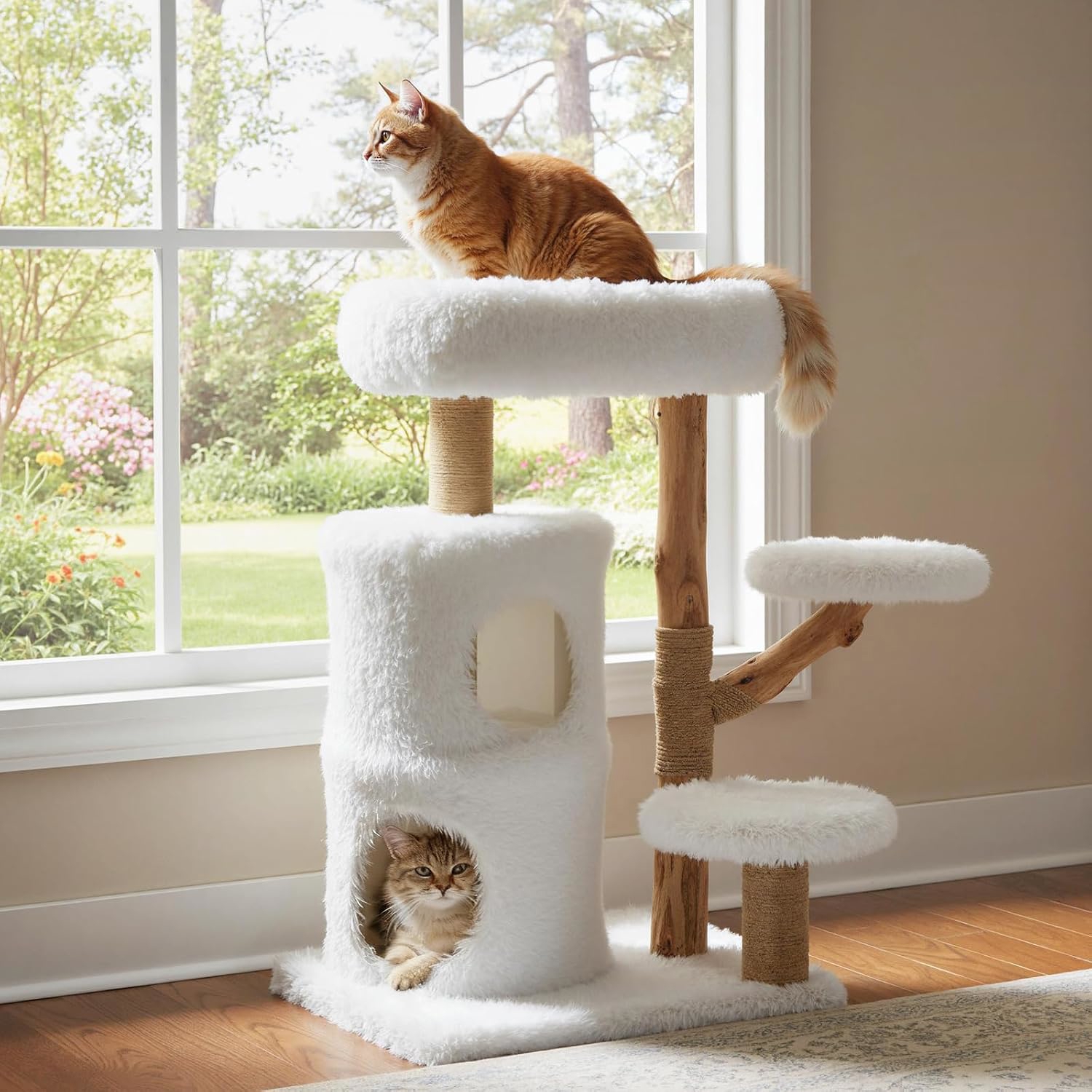 Image of Modern Cat Tree For Indoor Cats, 93 Cm Cat Tower W/ Branches, Scratching Posts, 2-storey Condo, Plush Top Perch & Padded Platforms, Multi-level Pet Furniture Kitty Playground Activity Center