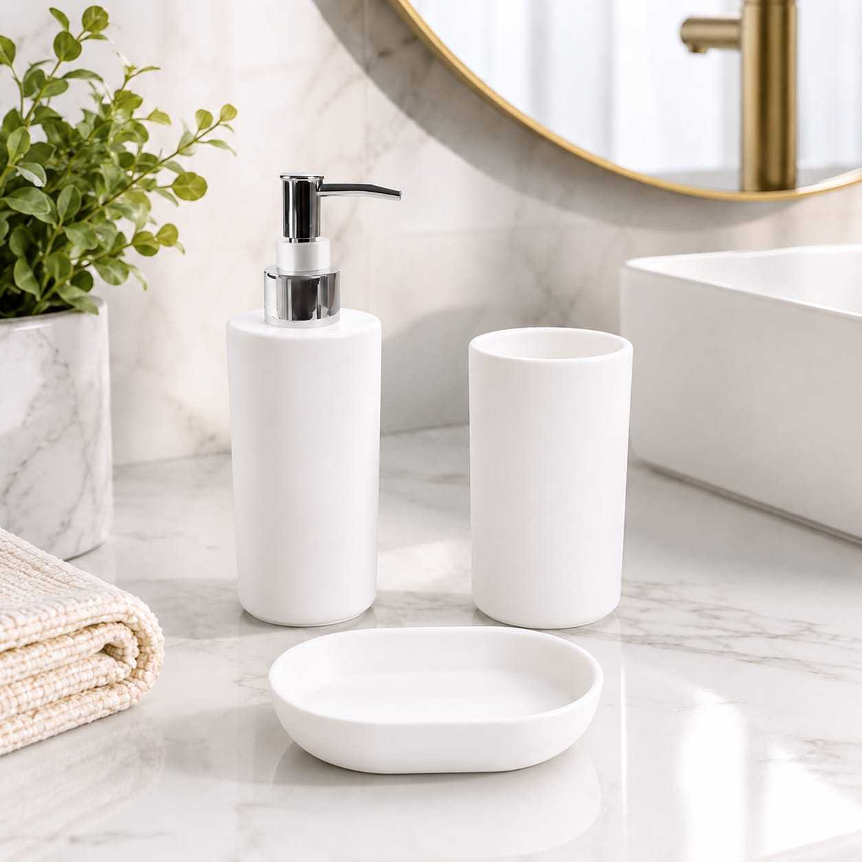 TEMU Set de baño de 3 piezas con dosificador cromado, vaso y jabonera