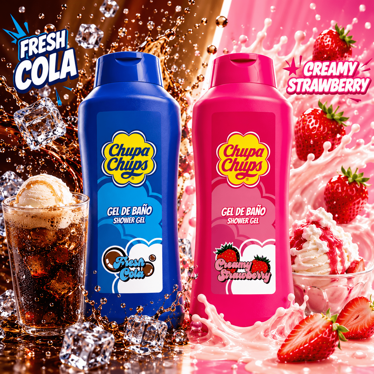 Pack de 2 Geles de Baño Chupa + 750 ml | Gel de Ducha para Todo Tipo de Piel | Refrescante y Fresa | Espuma | Uso…: retailer-supplied image