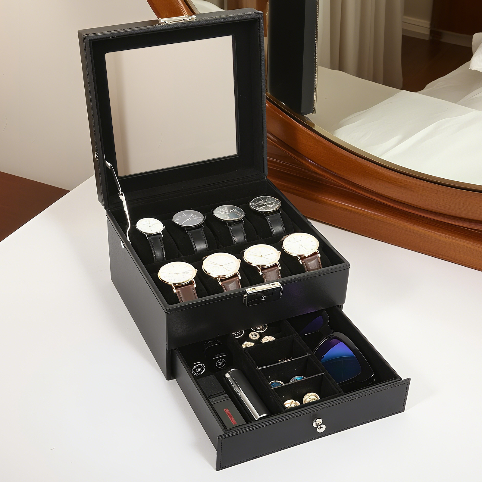 Image of Uten 2-tier Watch Box With 8 Compartments And 1 Drawer, Glass Lid, Watch Case For Rings, Bracelets, Pu Cover In Black | Includes Glass Lid, 2 Levels, Holds 12 Watches, For Rings, Gift Idea