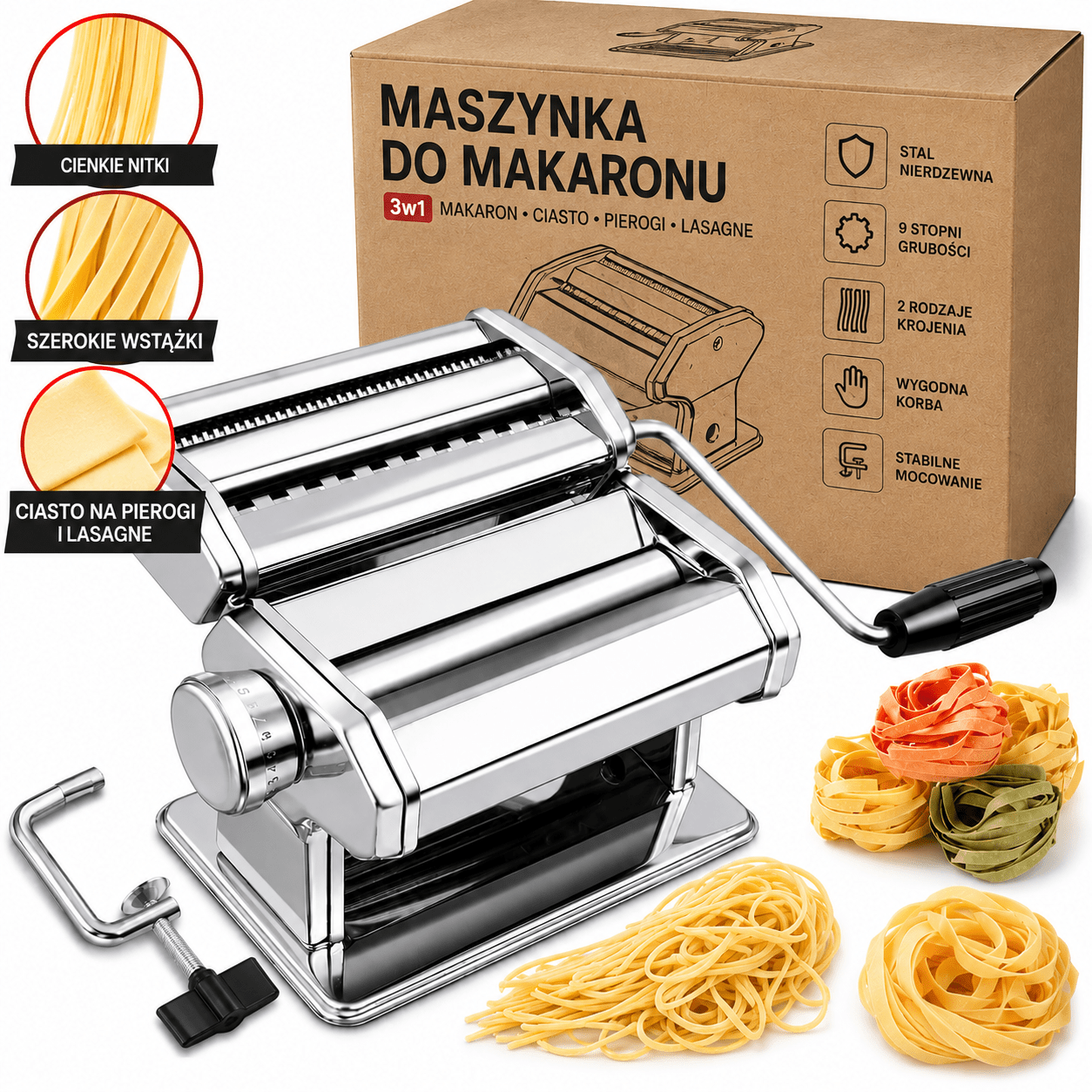 Image of Pasta Maker For Pierogi Lasagne 3in1 Manual Stainless Steel Thickness Adjustment Roller For Home-made Pasta Spaghetti Ravioli With Clamp To Table