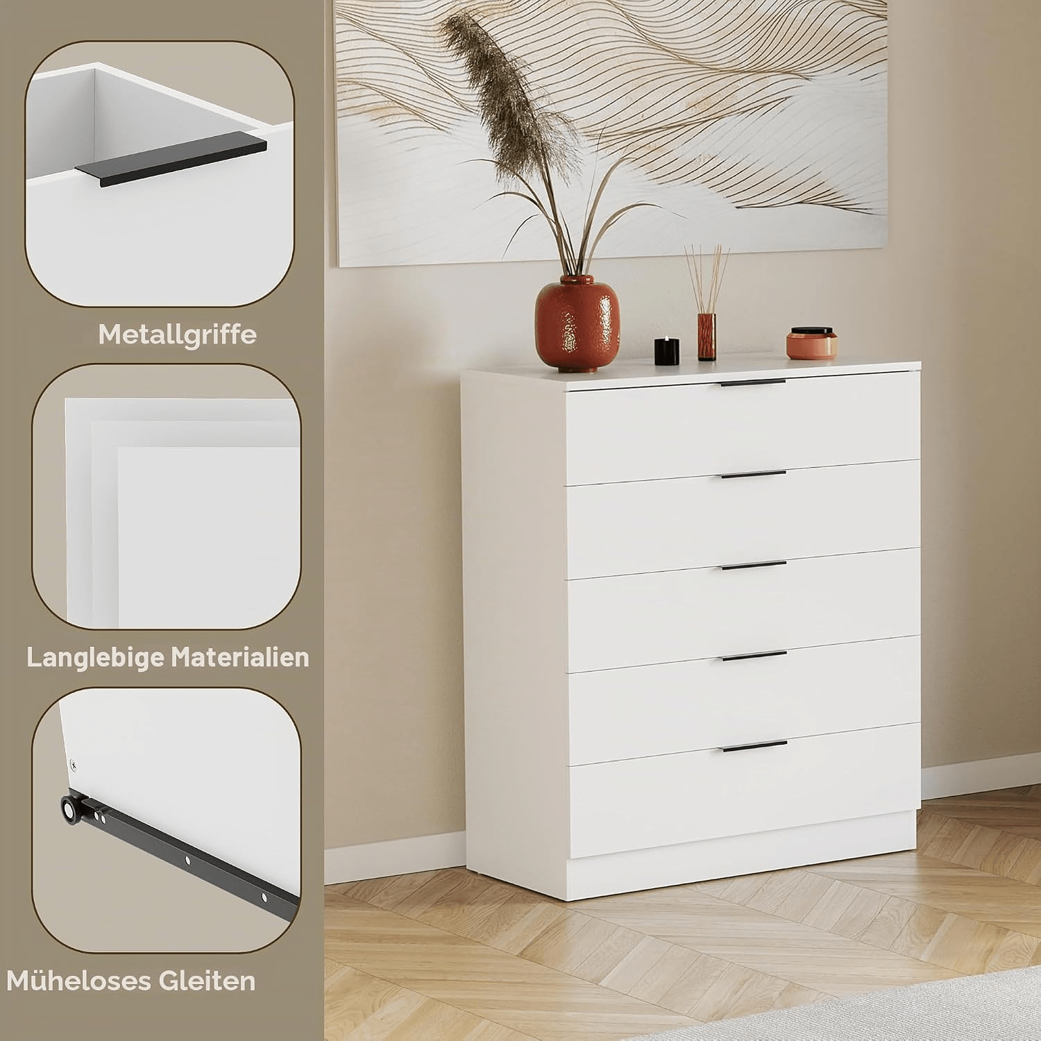 Modern 5-drawer Chest Of Drawers, Freestanding Storage Cabinet With Metal Handles And Spacious Top, Tall Dresser For Bedroom, Living Room, Hallway And Office