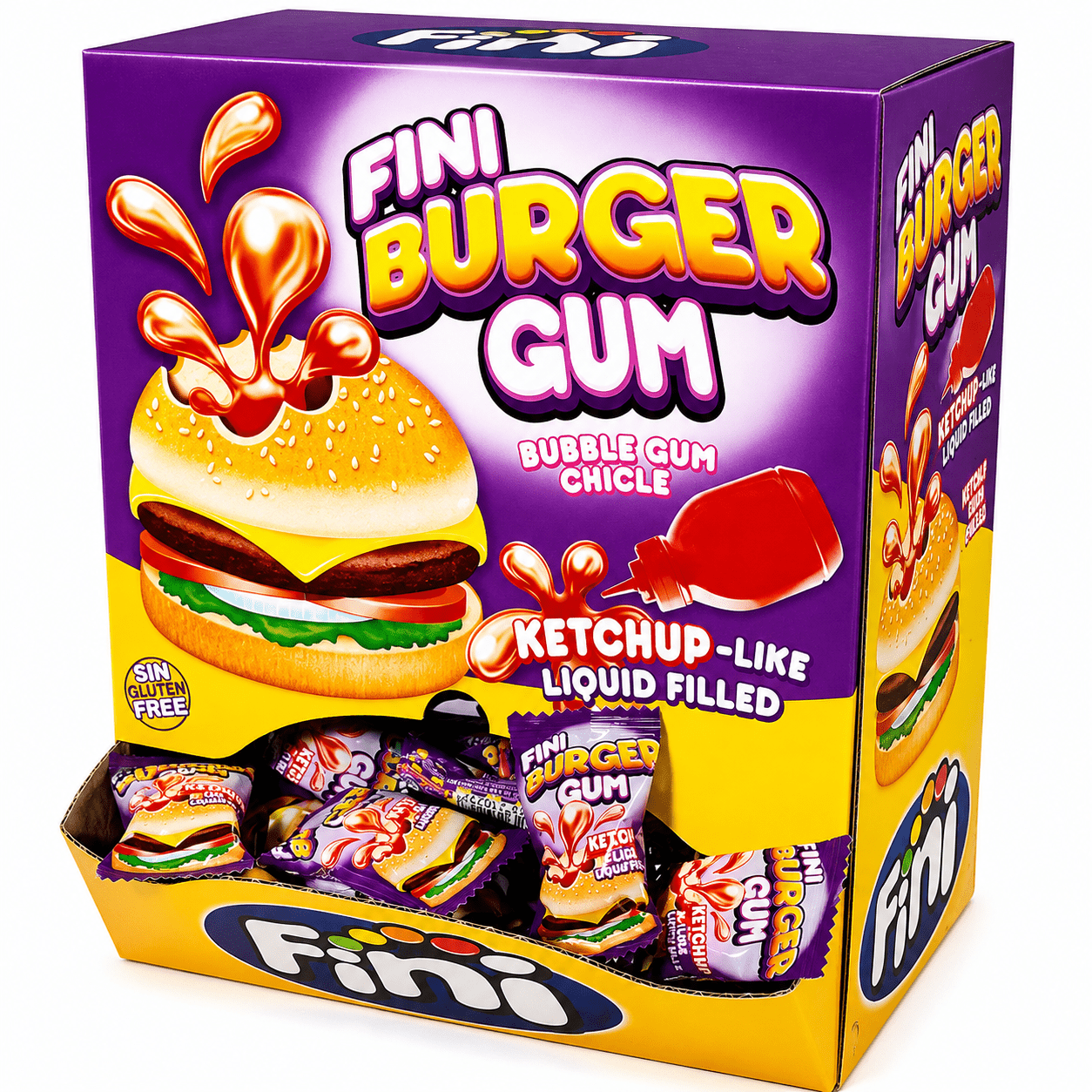 Image of Finished Burger Gum Display 200pcs - Chewing Gum In Burger Shape With Liquid Fruit Filling - Bubble Gum Bulk Pack