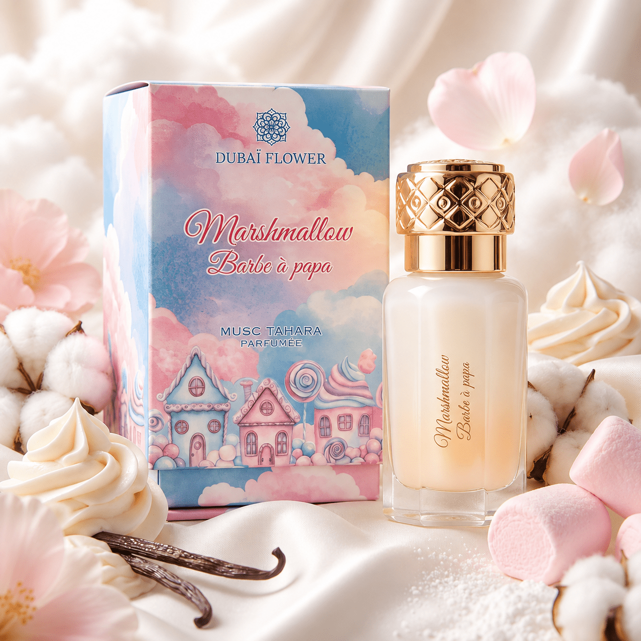 TEMU DUBAÏ FLOWER Marshmallow Barbe à Papa 12ml parfum, Musc Tahara Parfumé aux Notes Douces et , Flacon avec Étui