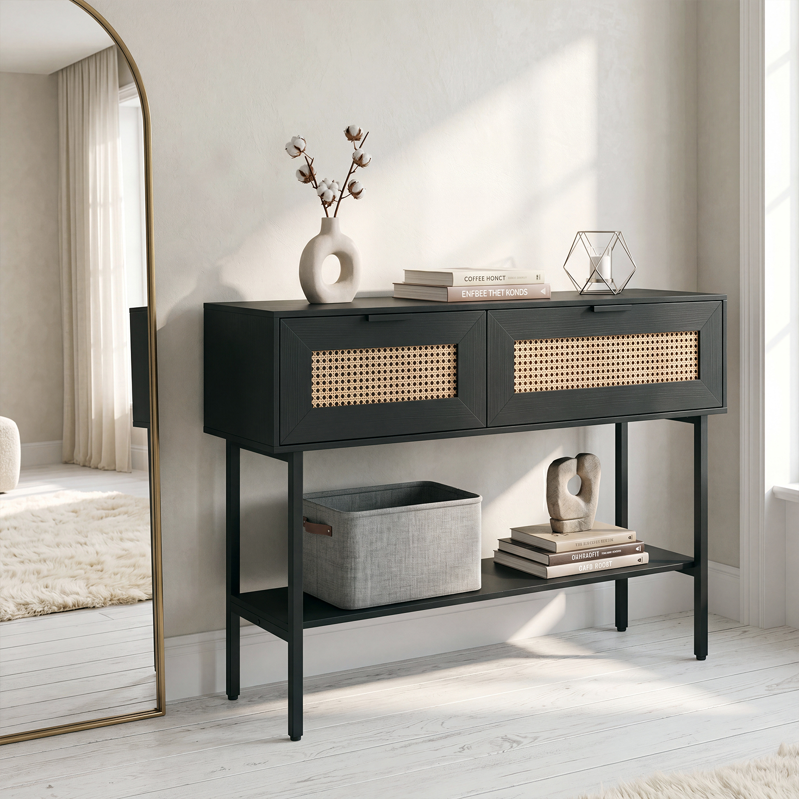 Image of Rattan Console Table, Boho Entryway Table With Flip Doors & Open Storage Shelf, Freestanding Sofa Table With Heavy-duty Metal Frame For Living Room Foyer Entrance Area, Black