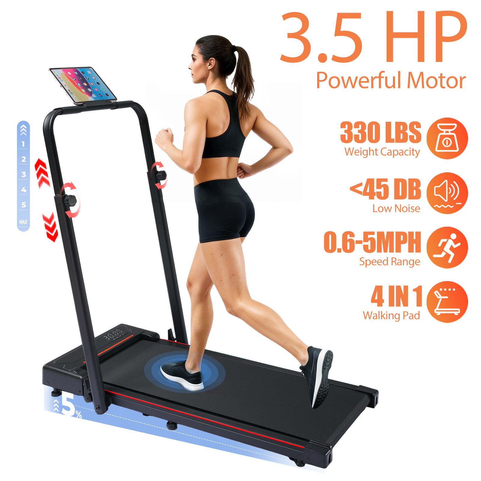 Image of Gtplayer Walking Pad, Home Treadmill With Led Display And Remote Control, Height-adjustable Armrest, 1-6km/h, 2.5 Brushless Motor, Fitness, Workout, Home Fitness Equipment