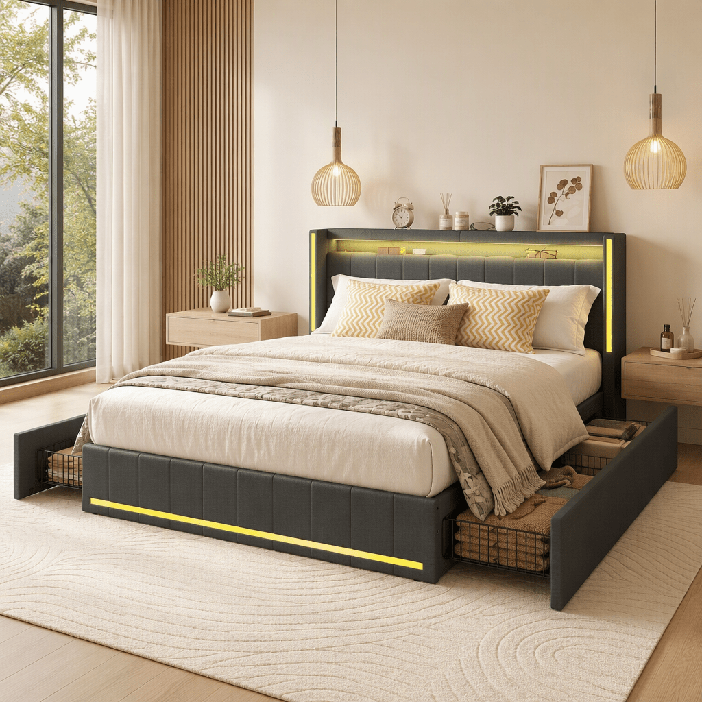 Image of Double Bed Base 180x200 Cm, Tufted Bed With Rgb Led Lighting, Storage Drawers, Slate Gray Textile