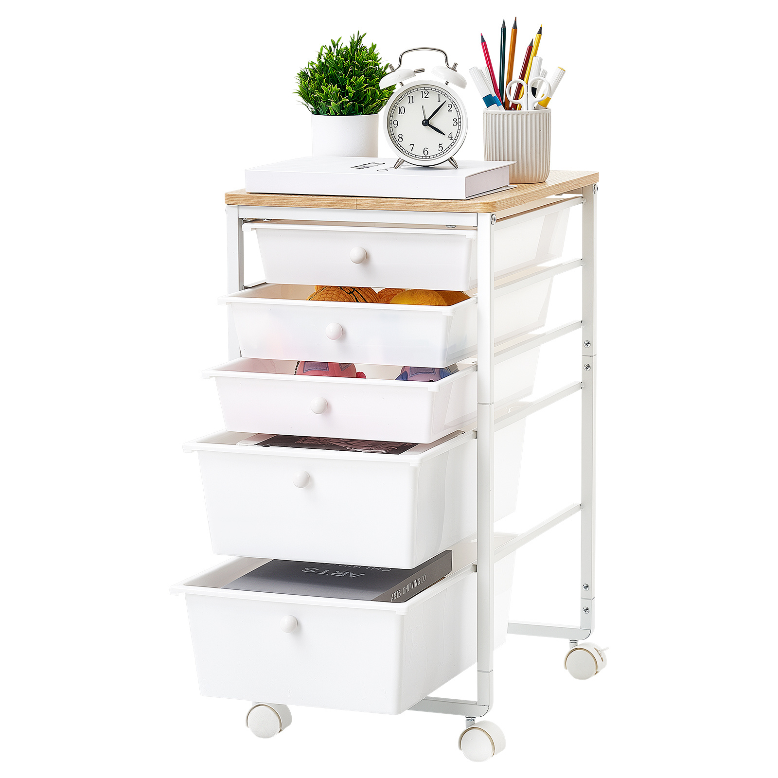 TEMU VEVOR Carrito Rodante con Cajones, Organizador de Almacenamiento de 5 Cajones, Carrito Utilitario Móvil con de Madera, de Acero, Ruedas