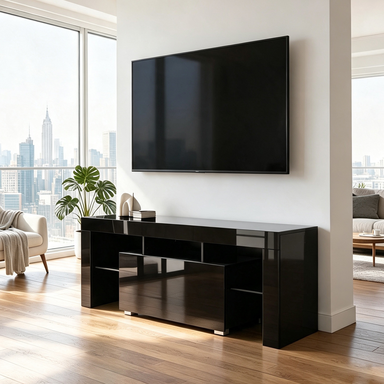 Modern Tv Cabinet With 2 Drawers, 130x45x35cm, High Gloss Finish