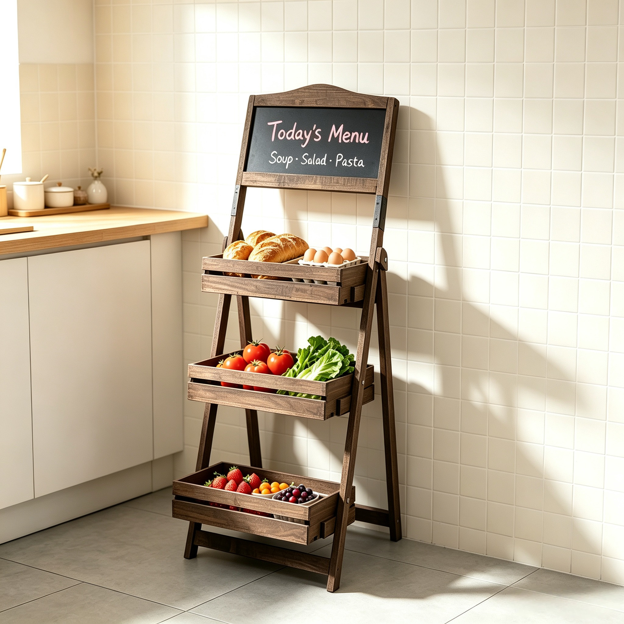 Image of Freestanding Wood Chalkboard Easel With 3-tier Display Shelves, Vintage Decorative Chalkboard Plant Stand For Cafe Flower Shop Retail Store Wedding Garden Decoration