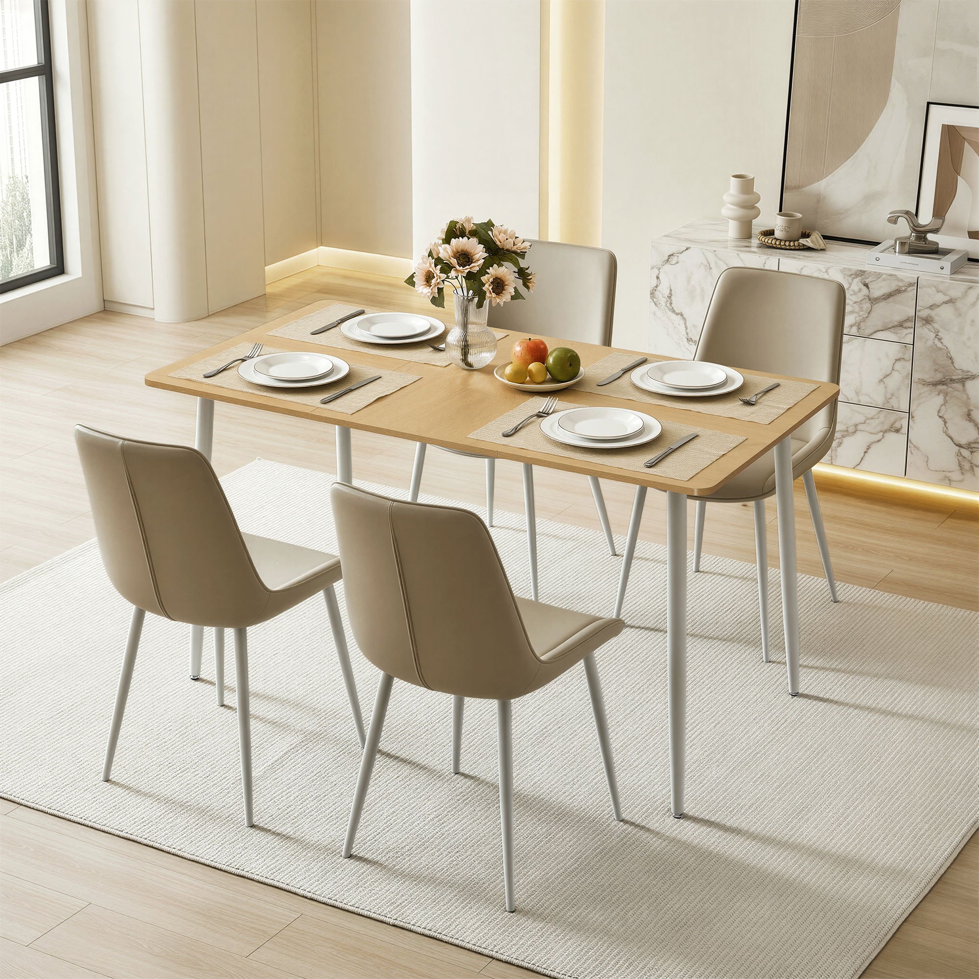 Dining Table For 4-6 People, Wooden Top, Metal Legs, 140 X 75 X 75.5 Cm, Oak Yellow