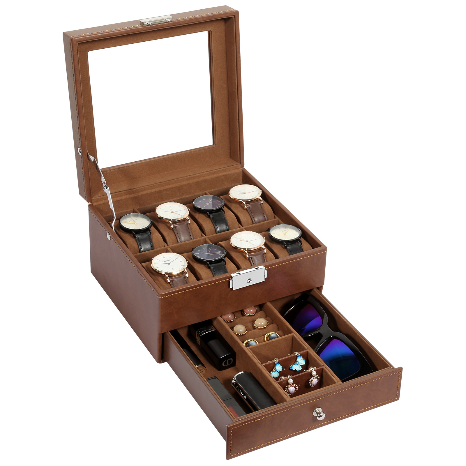 Image of Watch Box With 8 Compartments, 2-tier Watch Case, Pu Leather Watch Box, With Glass Lid, Watch Cushion, Jewelry Storage, Gift For Your .