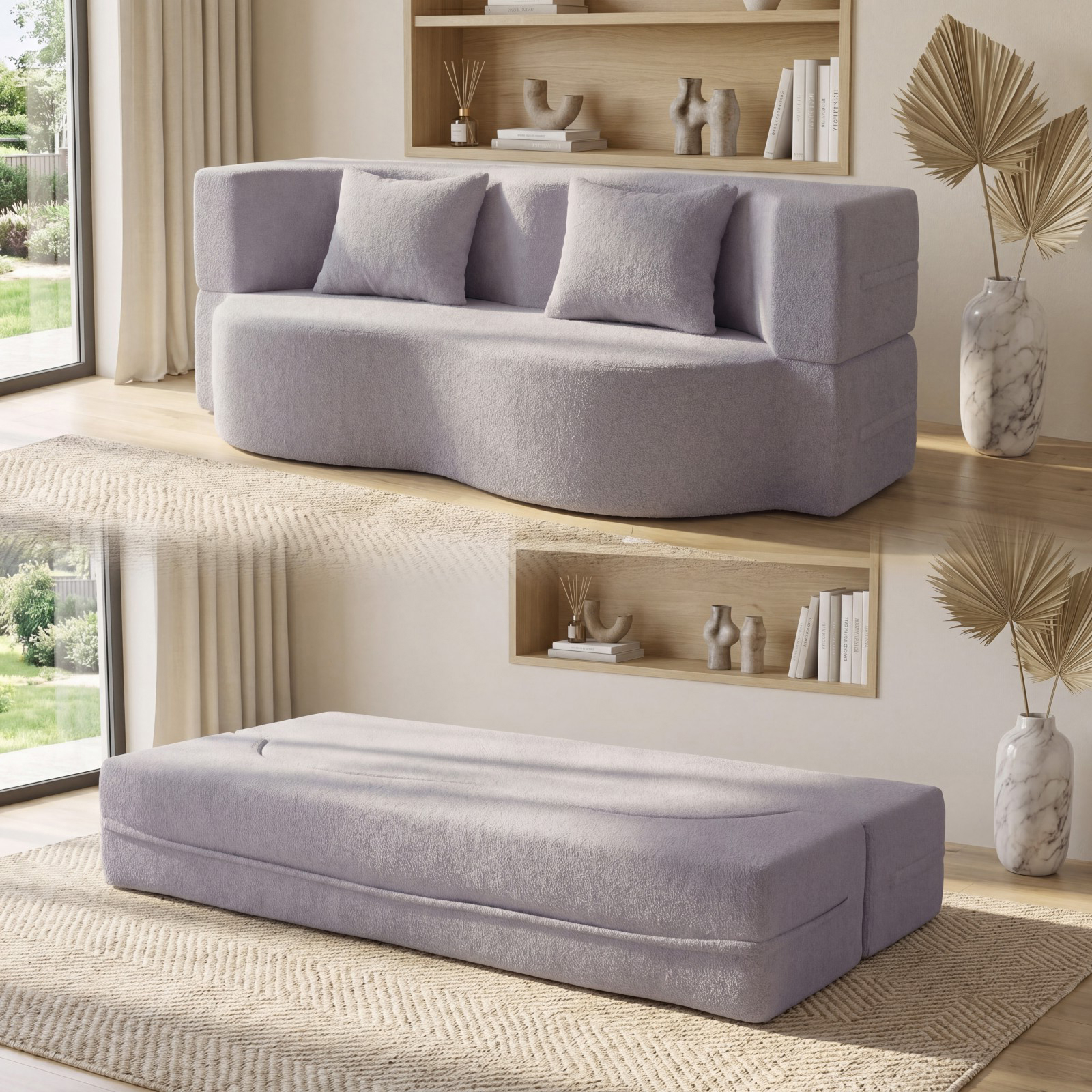 Modern Minimalist Folding Sofa Bed, 2-in-1 Convertible Teddy Fleece Floor Loveseat With 2 Comfortable Pillows, No Assembly Needed, Modern Boneless Sleeper Couch For Living Room, , Grey