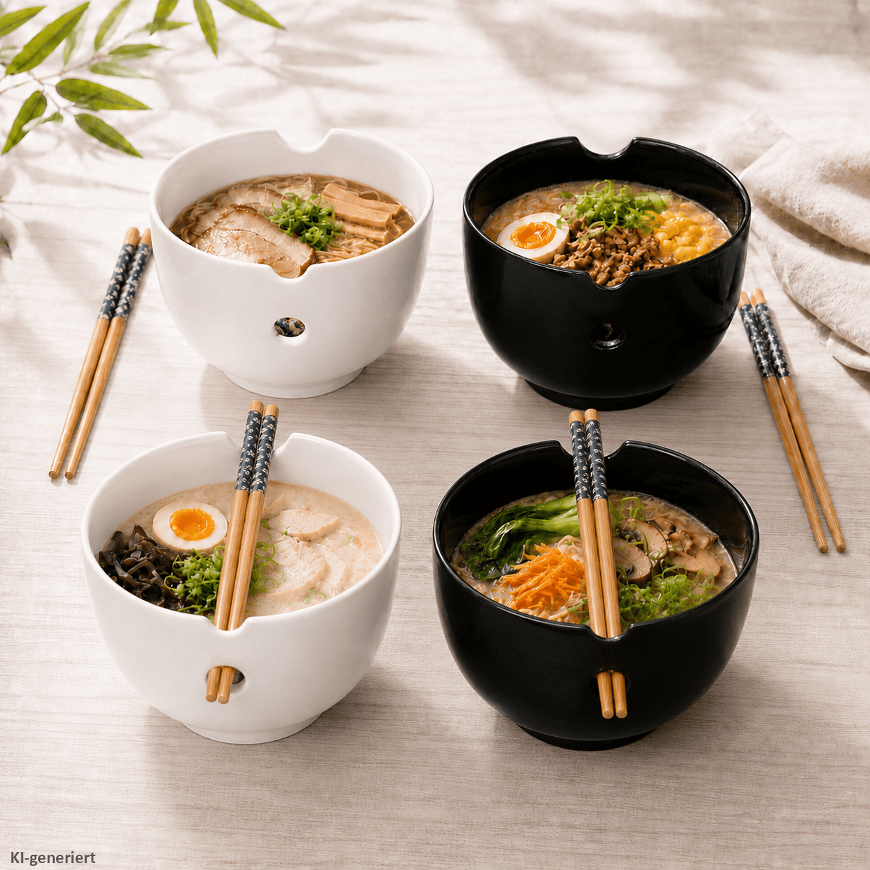 Image of 4-piece Set Soft Ramen Bowls 500ml Black & White With Chopsticks, 4 Stoneware Bowls With Bamboo Chopsticks For Ramen, Rice Dishes, Soups, And