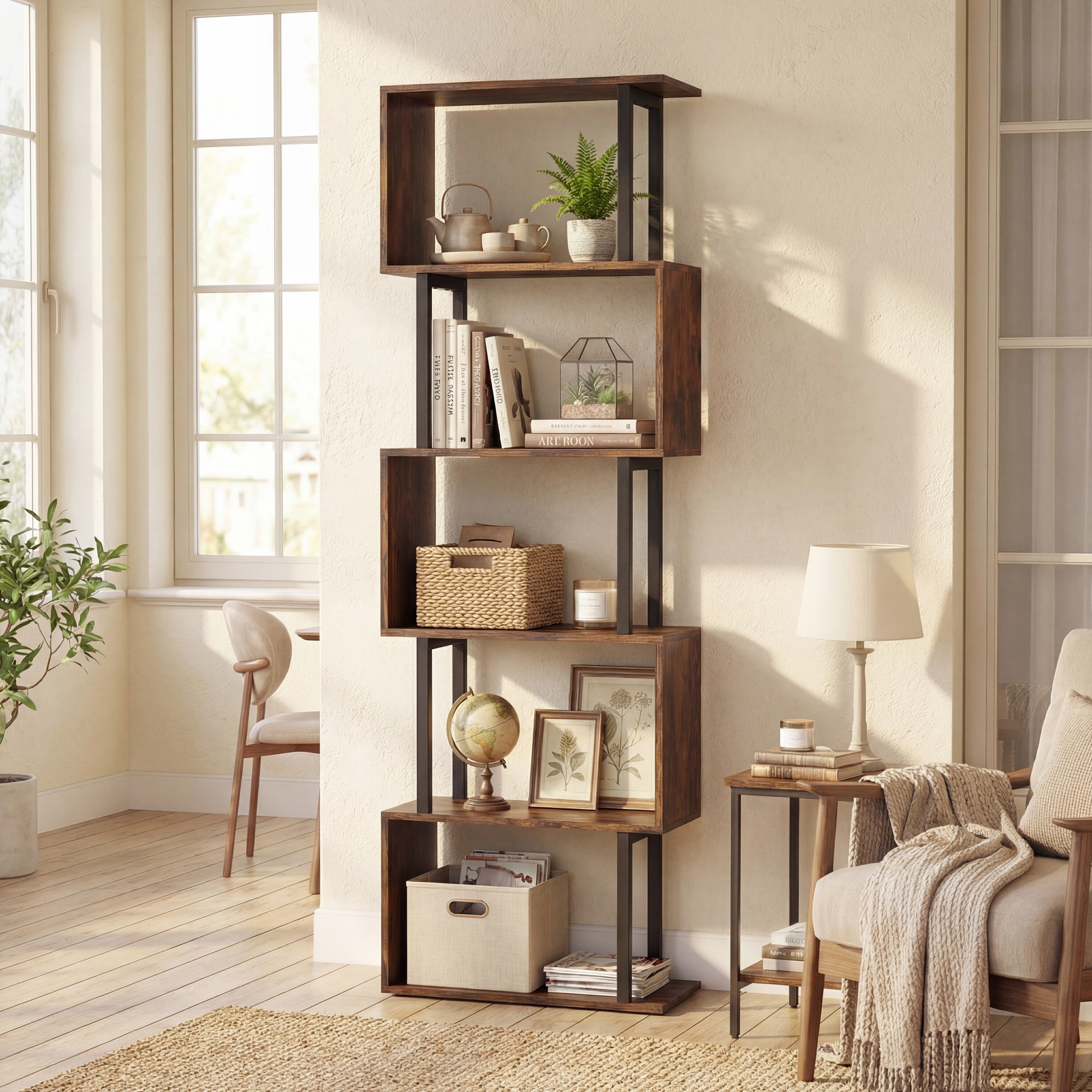 Image of 5-tier Modern Bookshelf, 147 Cm Tall Geometric Bookcase With Sturdy Metal Frame, Freestanding Open Shelving Unit, Space- Decorative Display Shelves For Home Office, Bedroom And Living Room