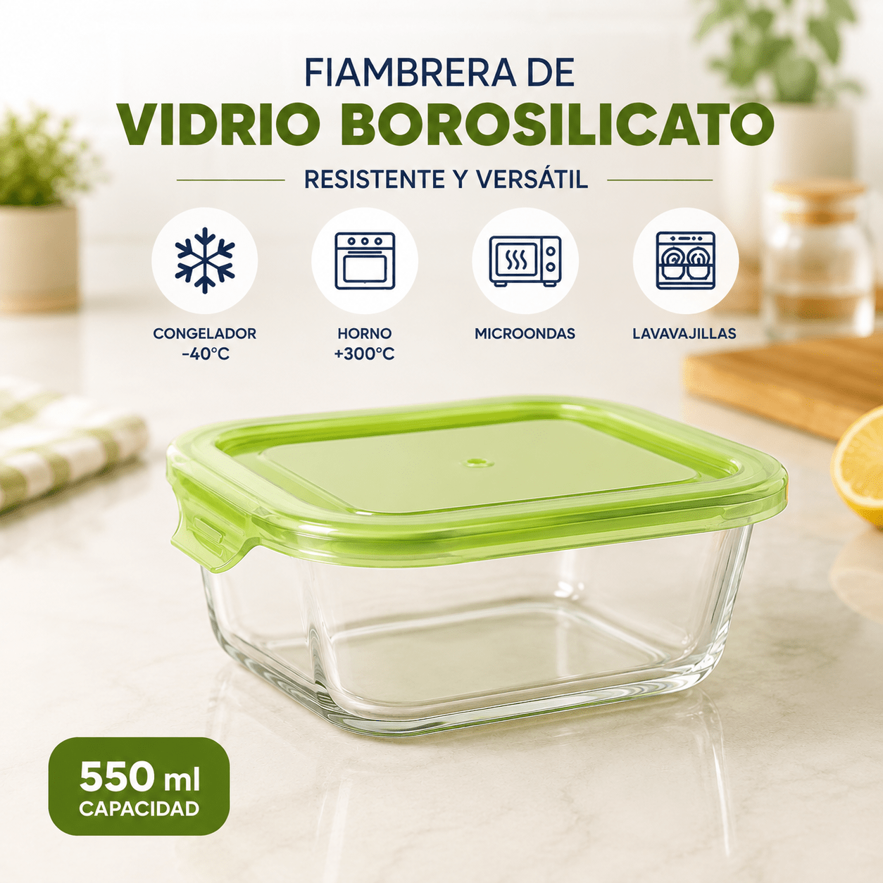 TEMU Fiambrera de Vidrio Borosilicato 550 ml con | Recipiente para Alimentos para Horno, Microondas, Congelador y Lavavajillas